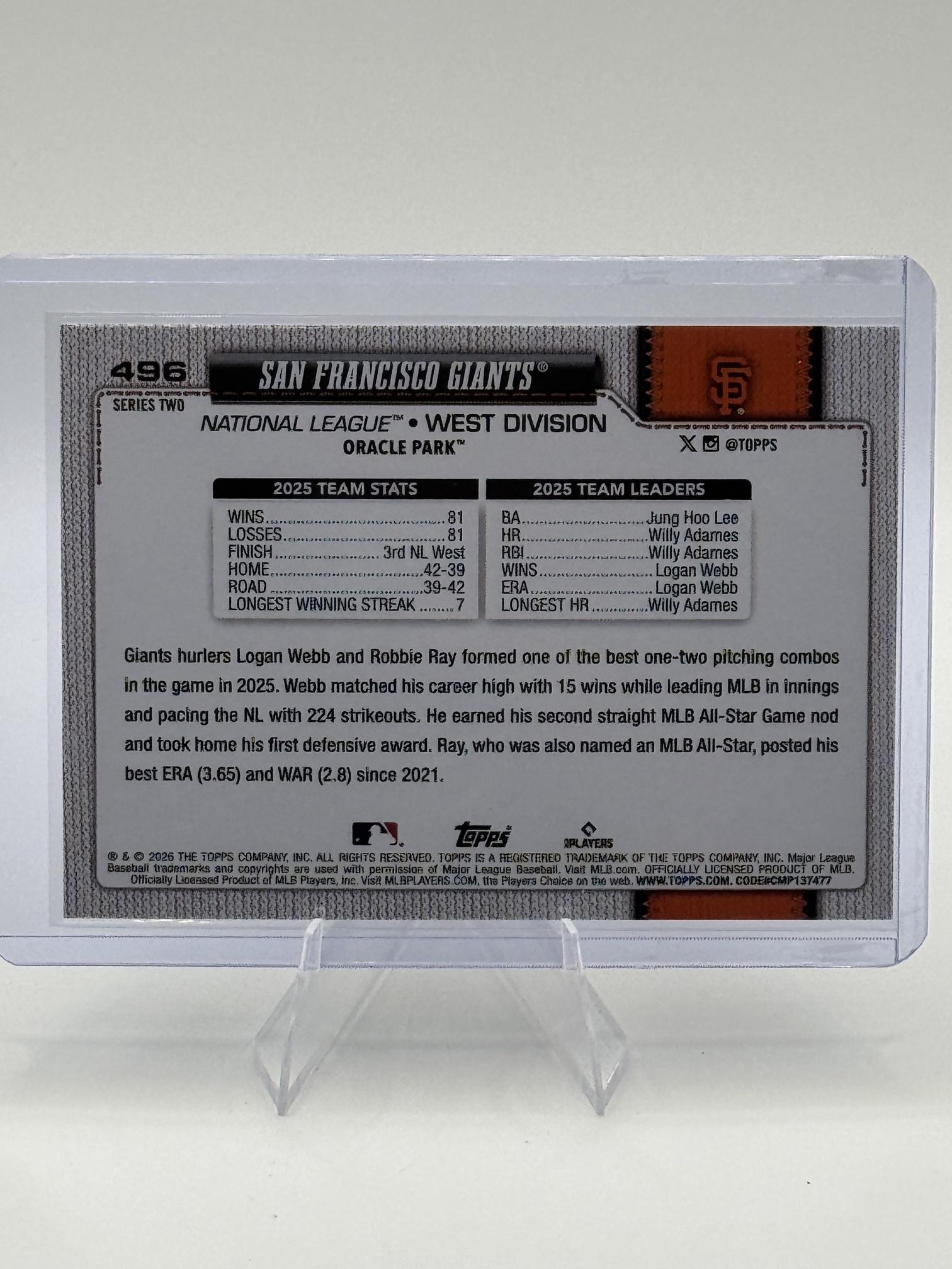2026 Topps San Francisco Giants #496 Silver Crackle Foil Giants Near Mint