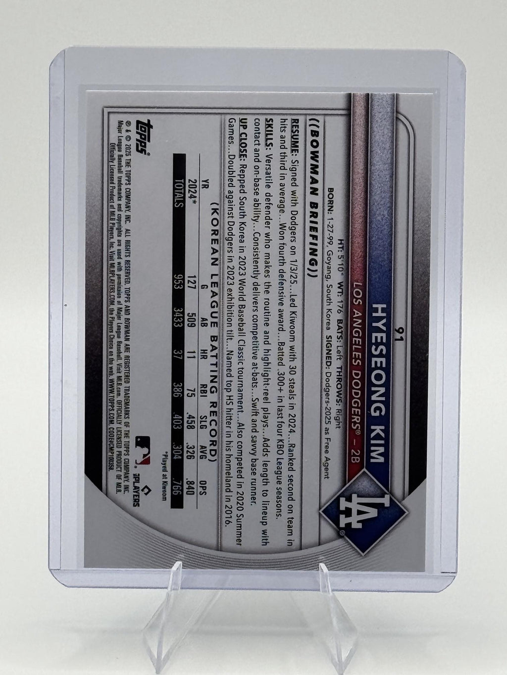 2025 Bowman Hyeseong Kim #91 Los Angeles Dodgers Near Mint or Better
