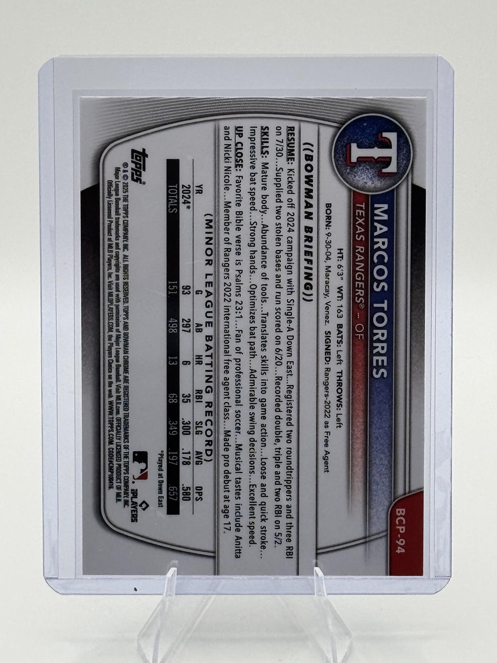 2025 Bowman Marcos Torres #BCP-94 Chrome Prospects Rangers Near Mint