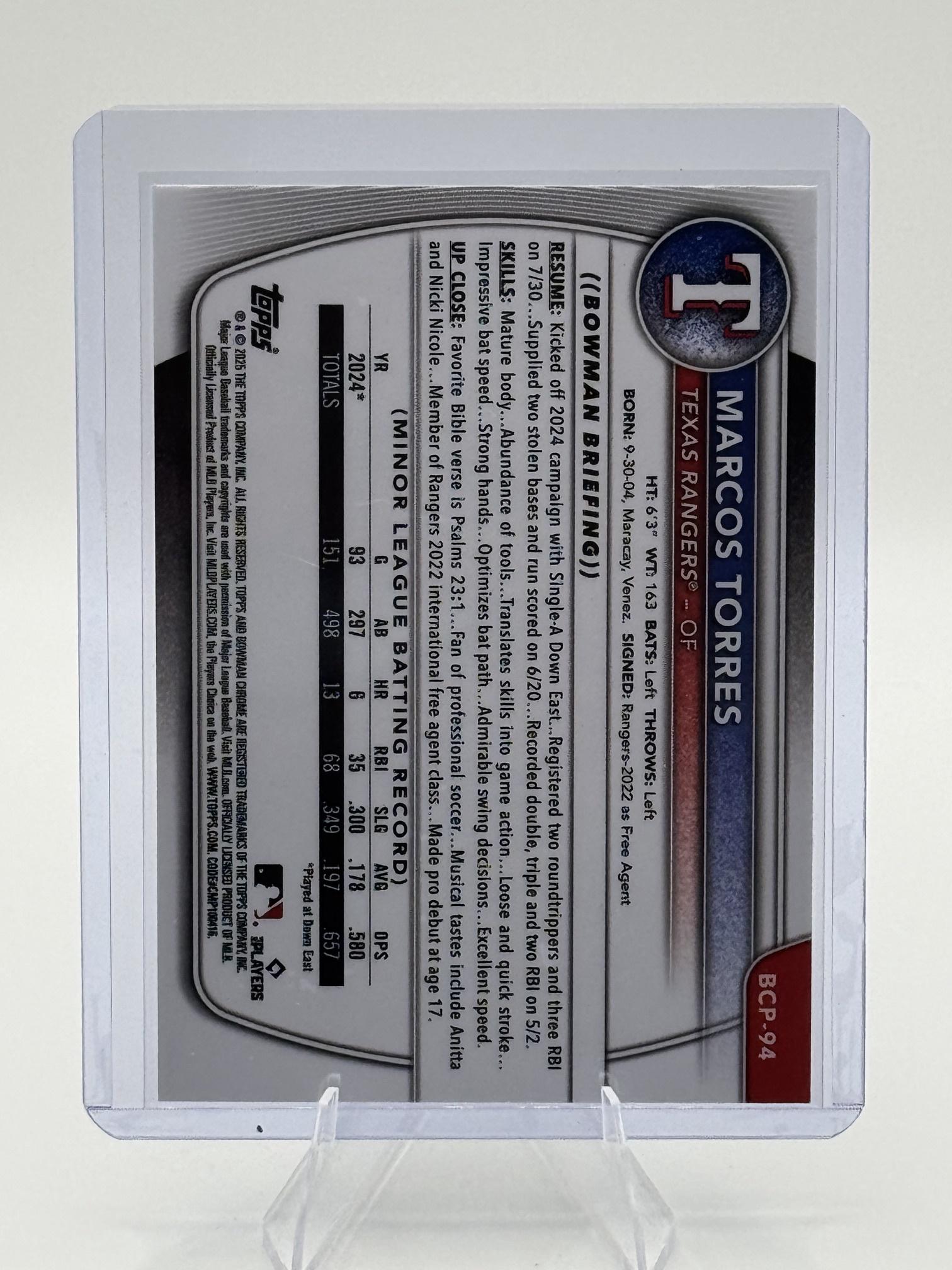 2025 Bowman Marcos Torres #BCP-94 Chrome Prospects Rangers Near Mint