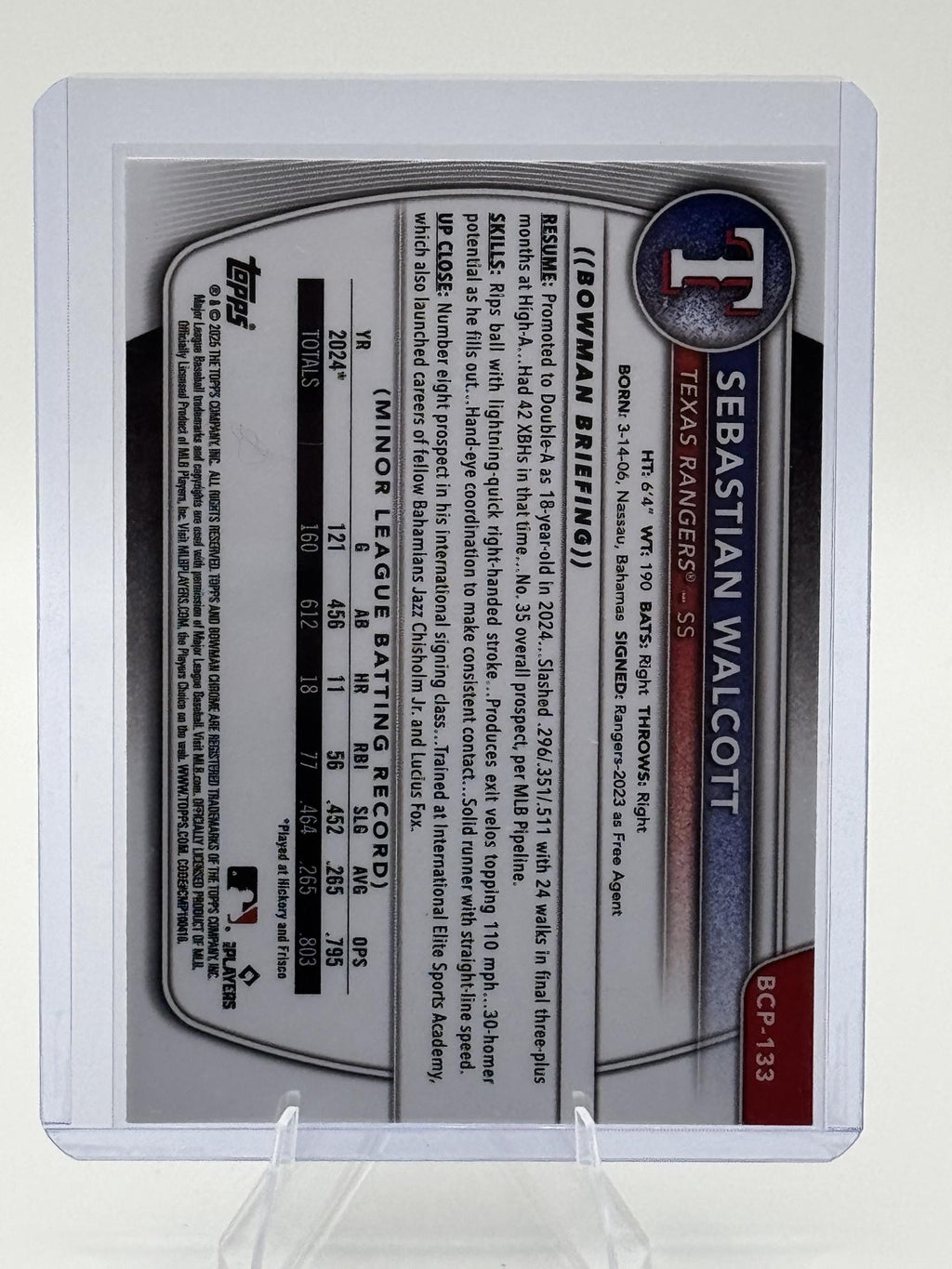 2025 Bowman Sebastian Walcott #BCP-133 Chrome Prospects Rangers Near Mint