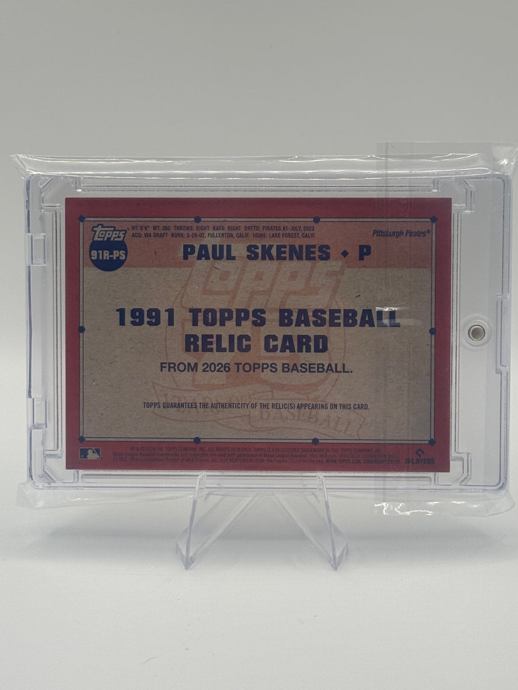 2026 Topps Paul Skenes #91R-PS Jersey Relic Pirates Near Mint