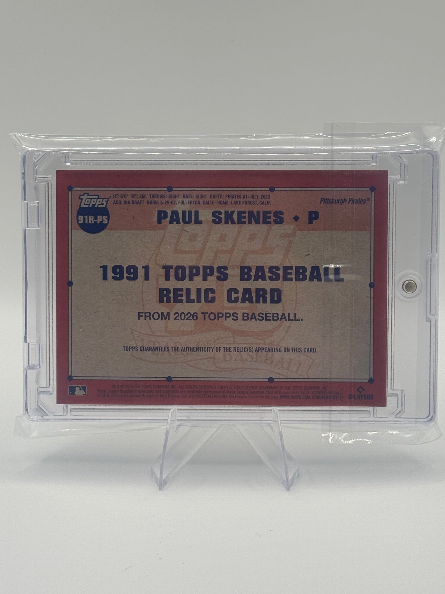 2026 Topps Paul Skenes #91R-PS Jersey Relic Pirates Near Mint