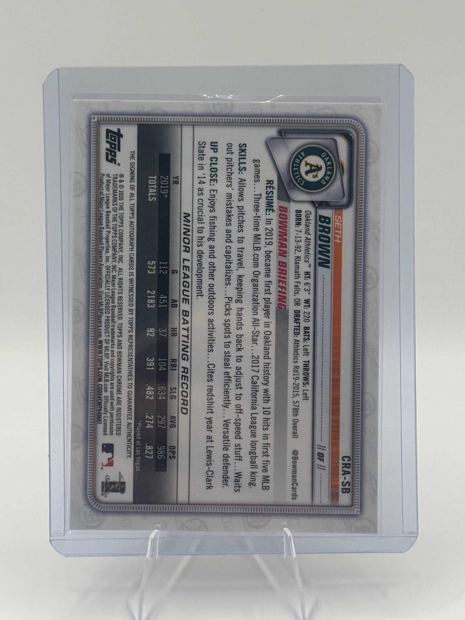 2020 Bowman Seth Brown #CRA-SB Rookie Autographs Orange Athletics Near Mint