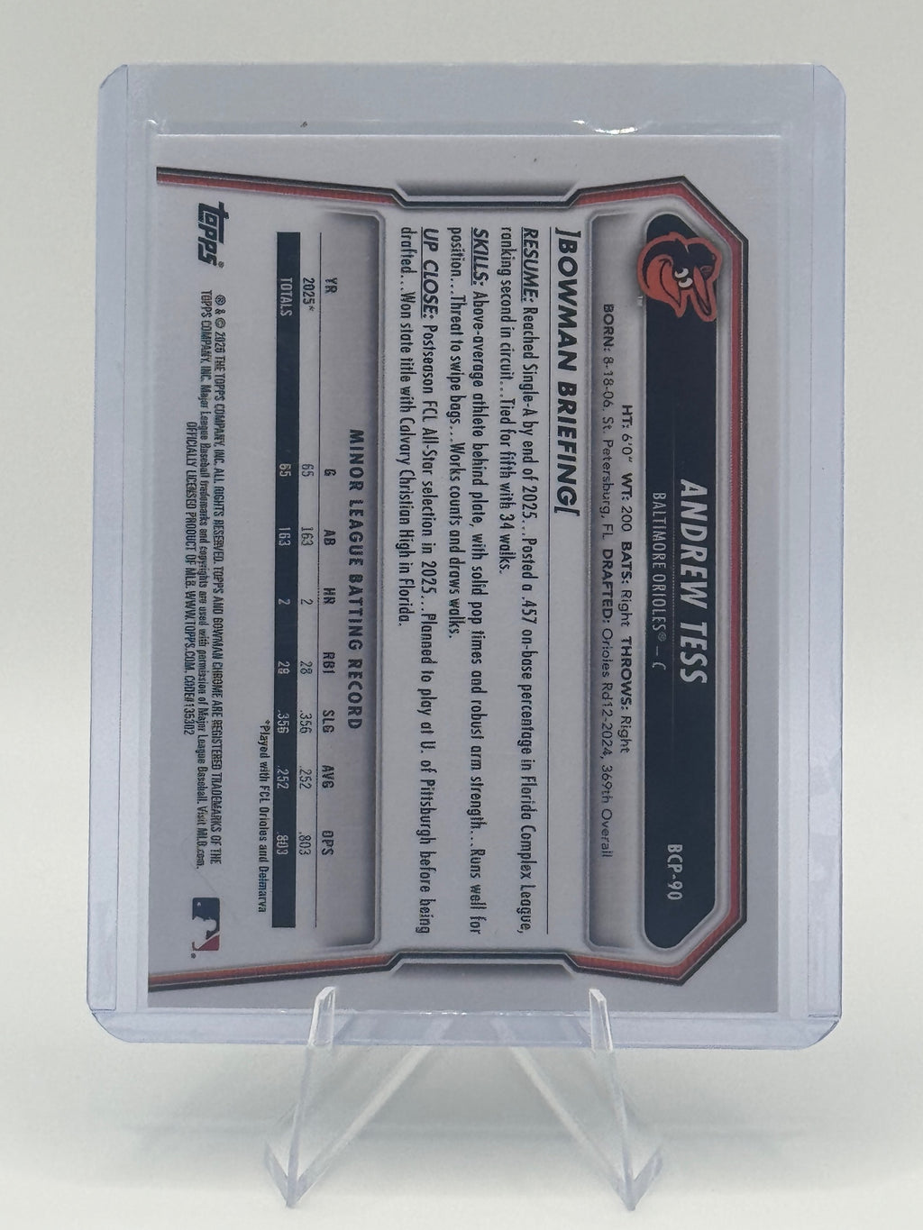 2026 Bowman Andrew Tess #BCP-90 Chrome Prospects Baltimore Orioles Near Mint