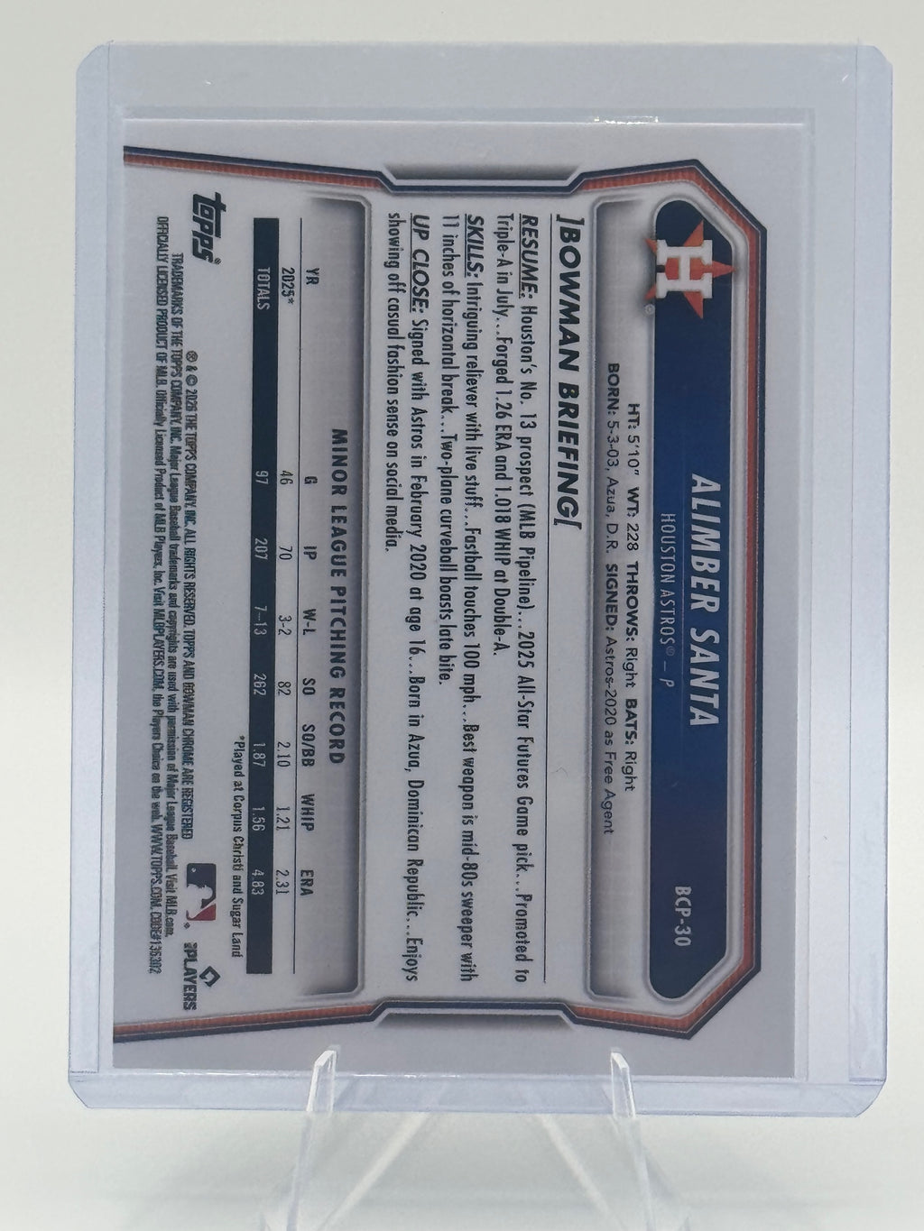 2026 Bowman Alimber Santa #BCP-30 Chrome Prospects Houston Astros Near Mint