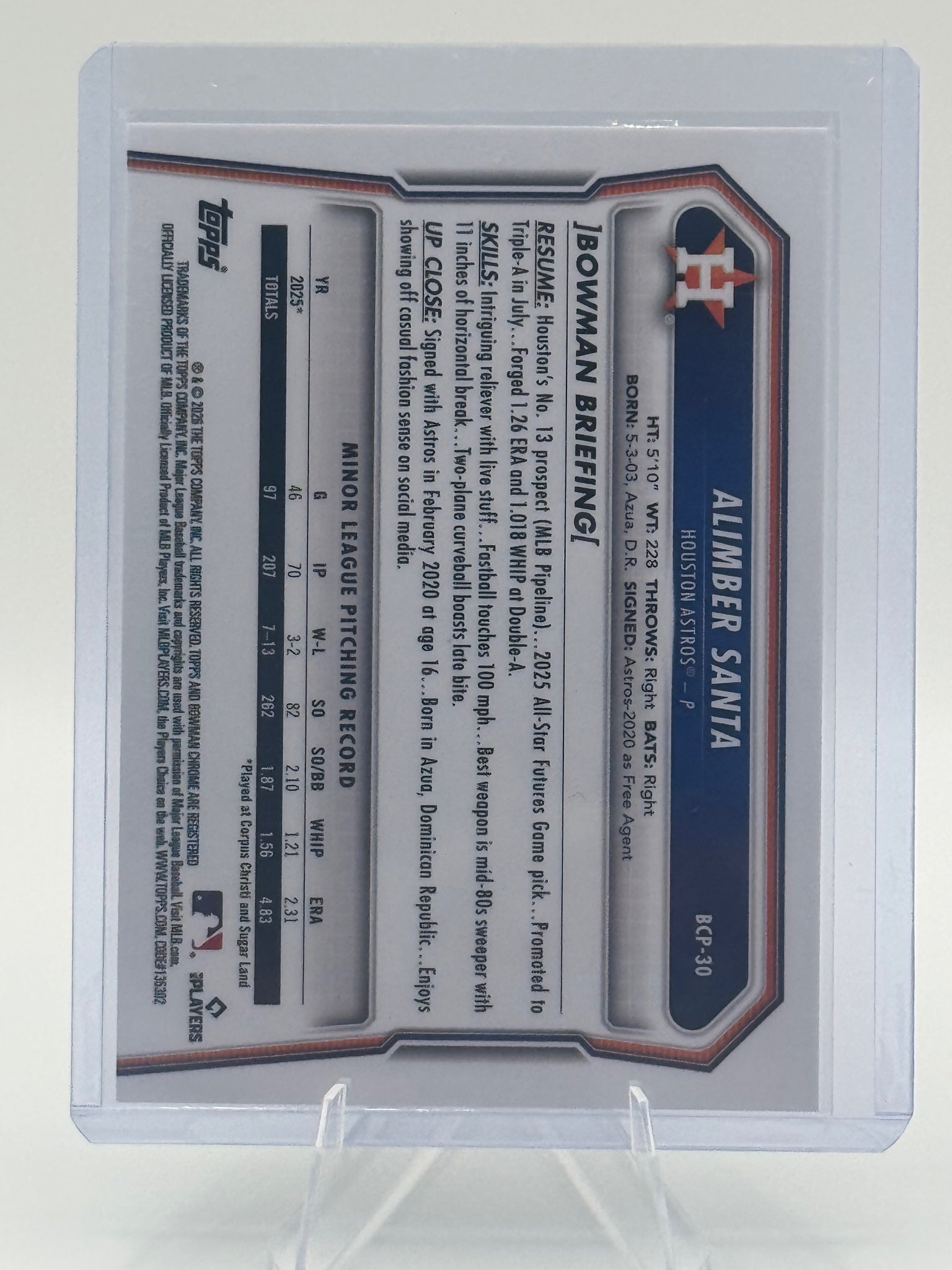 2026 Bowman Alimber Santa #BCP-30 Chrome Prospects Houston Astros Near Mint