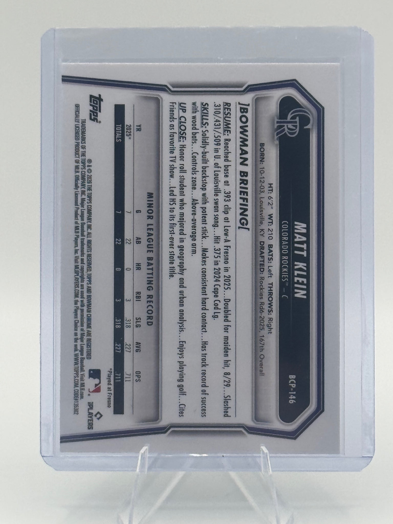 2026 Bowman Matt Klein #BCP-146 Chrome Prospects Colorado Rockies Near Mint
