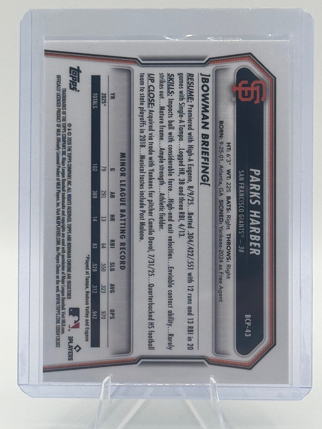 2026 Bowman Parks Harber #BCP-43 Chrome Prospects San Francisco Giants Near Mint