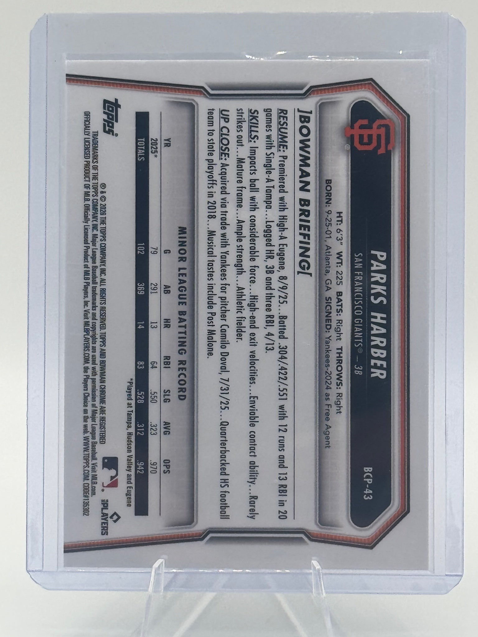 2026 Bowman Parks Harber #BCP-43 Chrome Prospects San Francisco Giants Near Mint