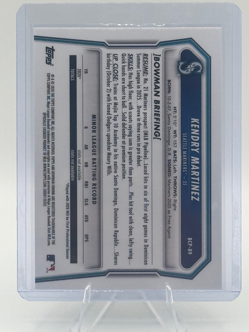 2026 Bowman Kendry Martinez #BCP-89 Chrome Prospects Seattle Mariners Near Mint