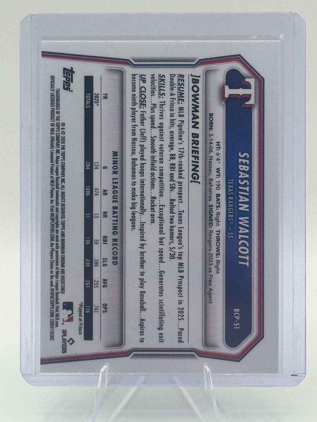 2026 Bowman Sebastian Walcott #BCP-51 Chrome Prospects Texas Rangers Near Mint