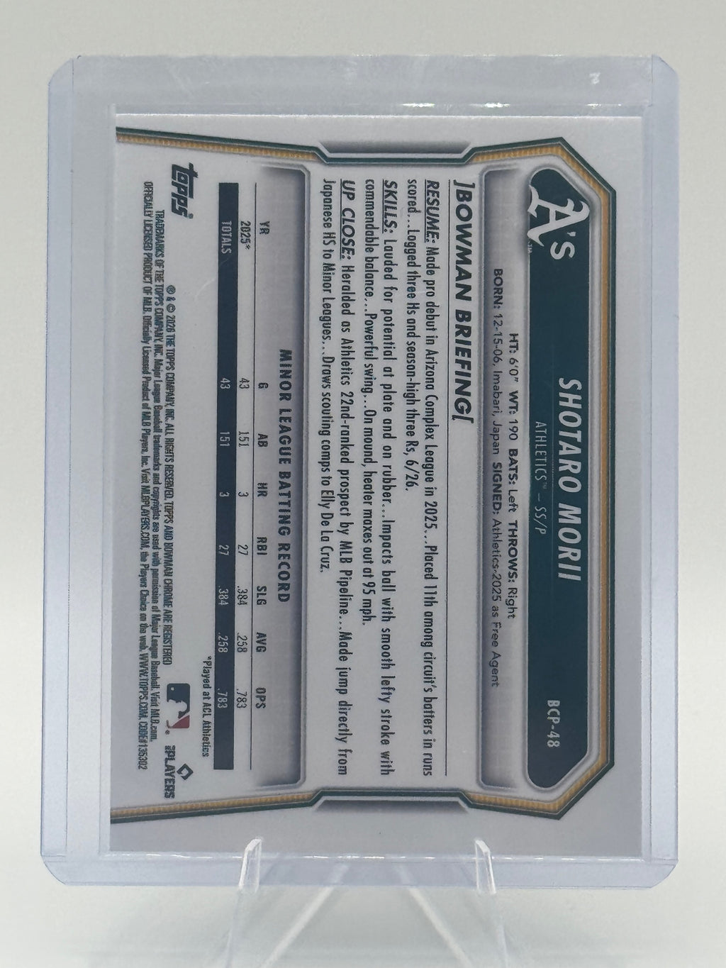 2026 Bowman Shotaro Morii #BCP-48 Chrome Prospects Athletics Near Mint or Better