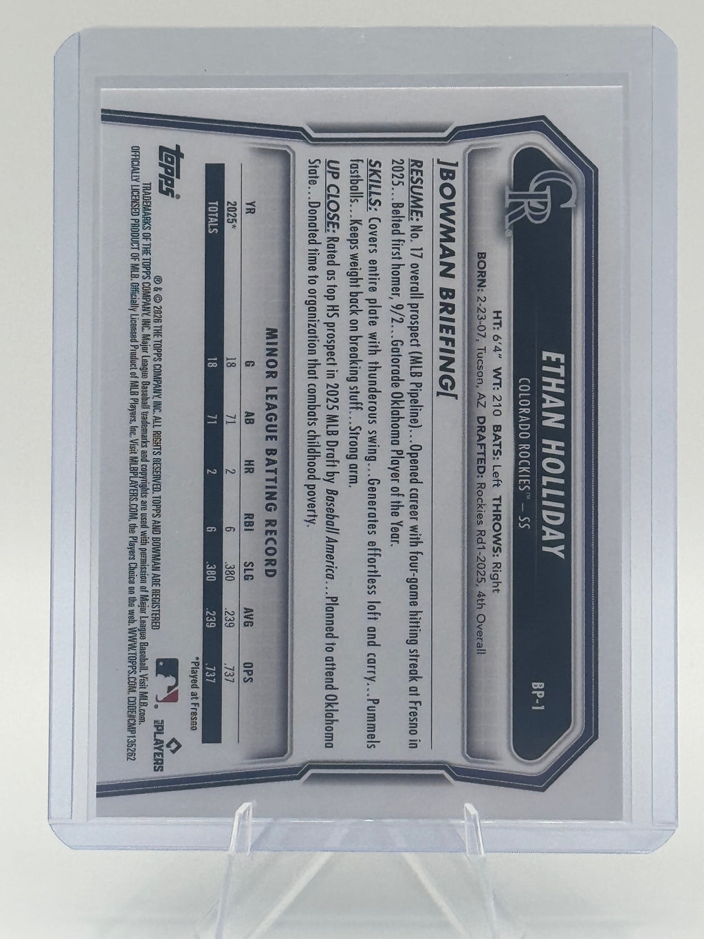 2026 Bowman Ethan Holliday #BP-1 Prospects Colorado Rockies Near Mint or Better