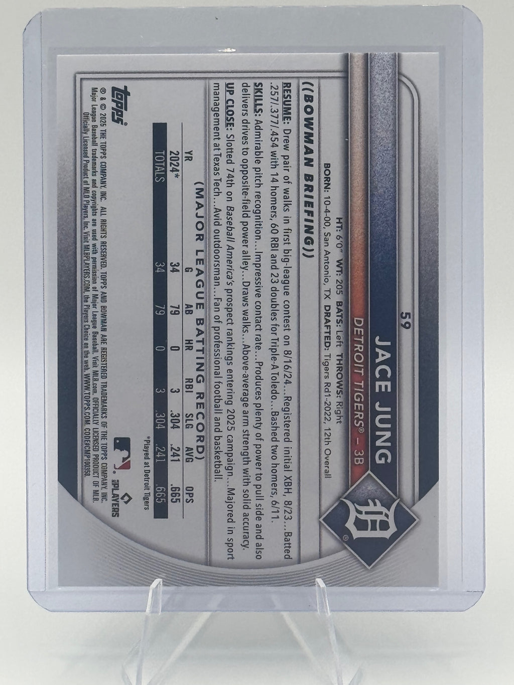 2025 Bowman Jace Jung #59 Detroit Tigers Near Mint or Better