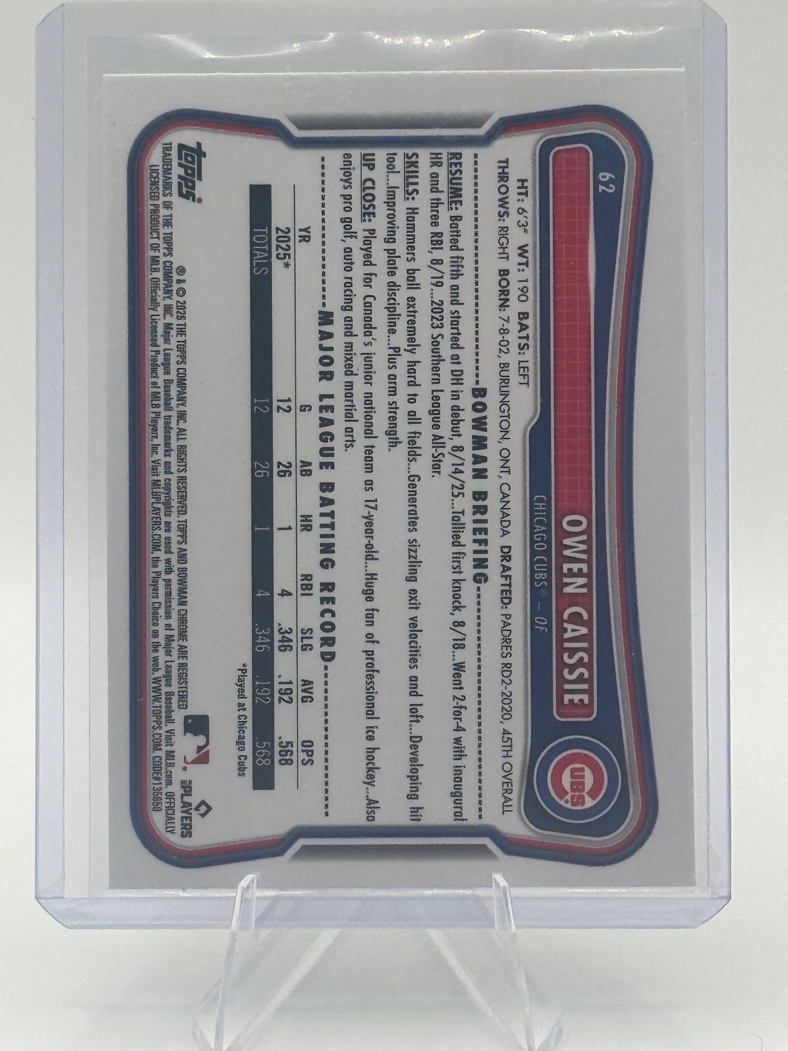 2026 Bowman Owen Caissie #62 Rookie Red RC Logo Chicago Cubs Near Mint or Better