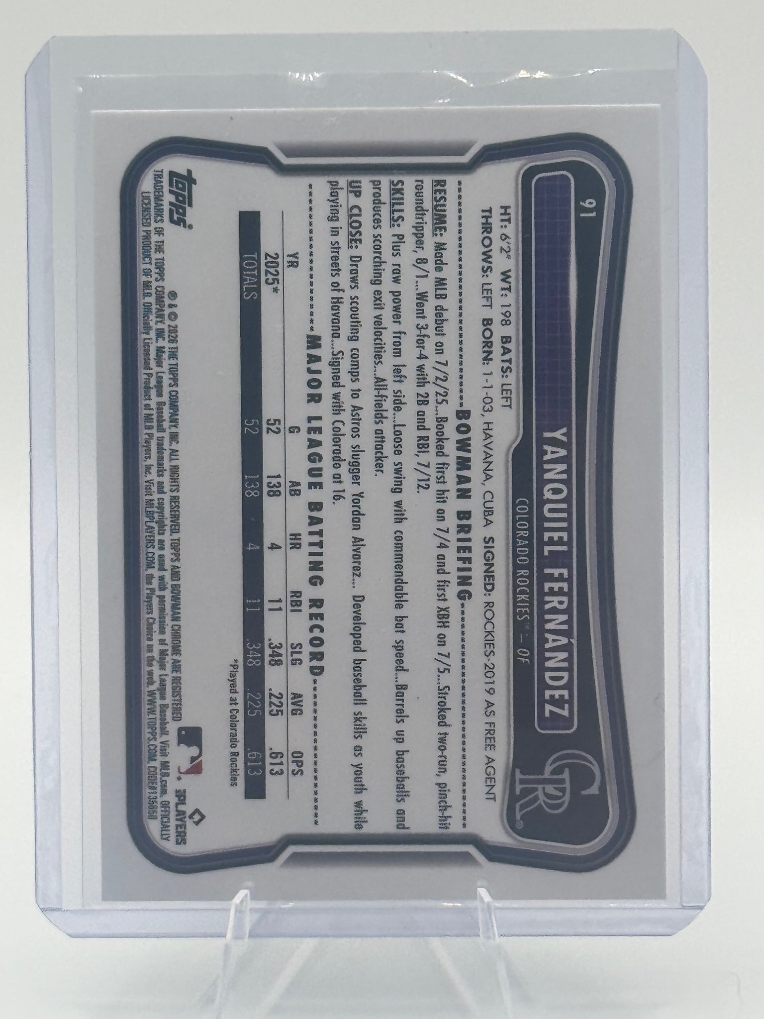 2026 Bowman Yanquiel Fernández #91 Rookie Red RC Logo Colorado Rockies NM