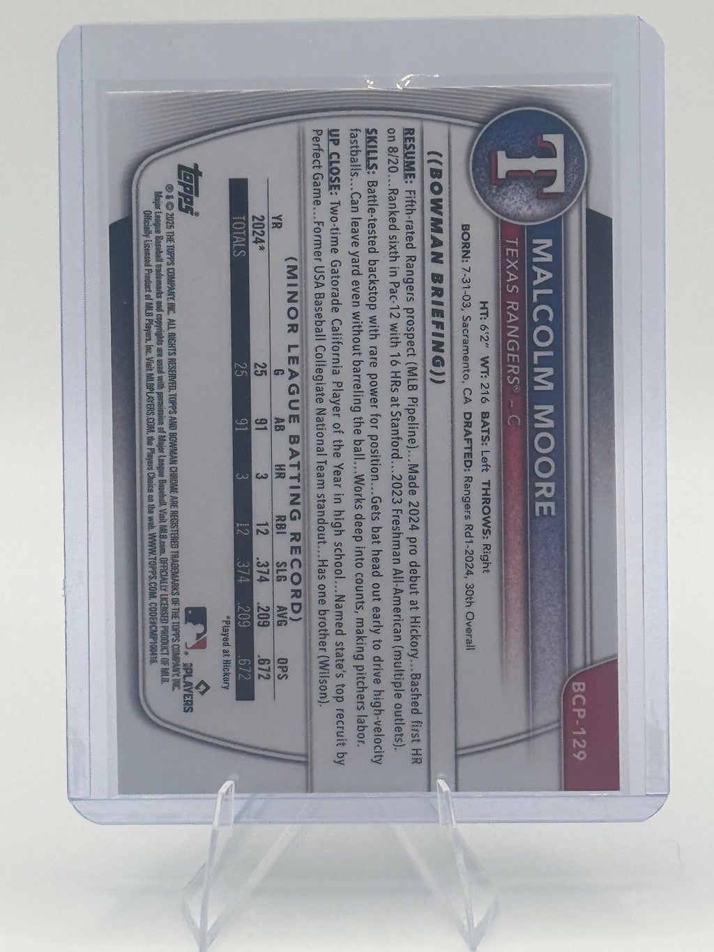 2025 Bowman Malcolm Moore #BCP-129 Chrome Prospects Texas Rangers Near Mint