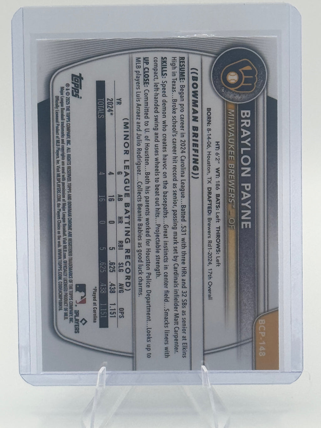 2025 Bowman Braylon Payne #BCP-148 Chrome Prospects Milwaukee Brewers Near Mint