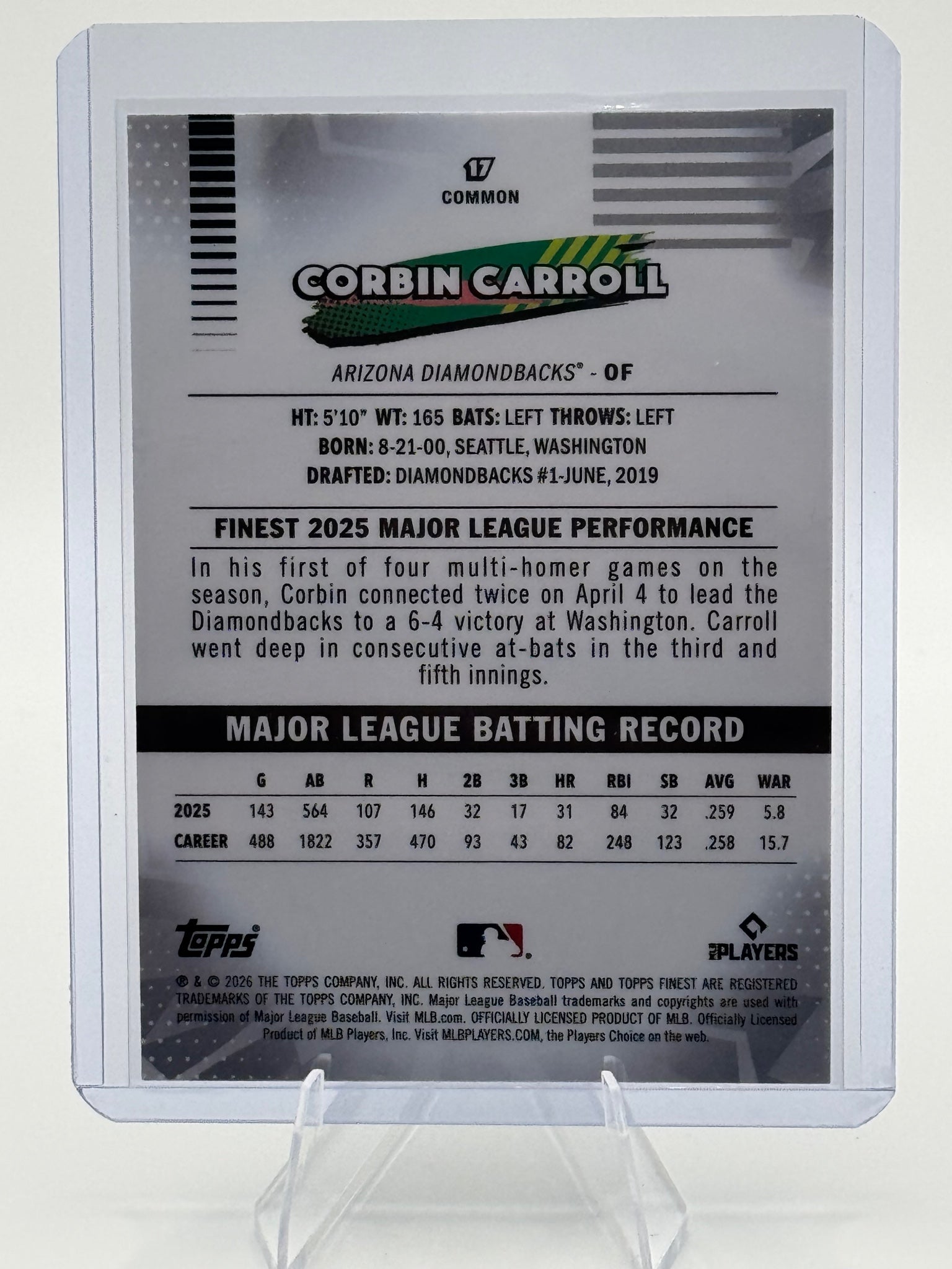 2026 Topps Finest Corbin Carroll #17 Common Arizona Diamondbacks Near Mint