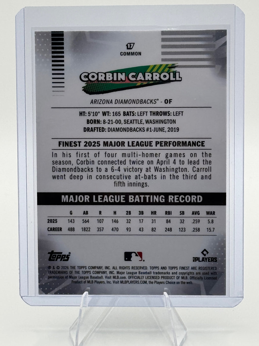 2026 Topps Finest Corbin Carroll #17 Common Arizona Diamondbacks Near Mint