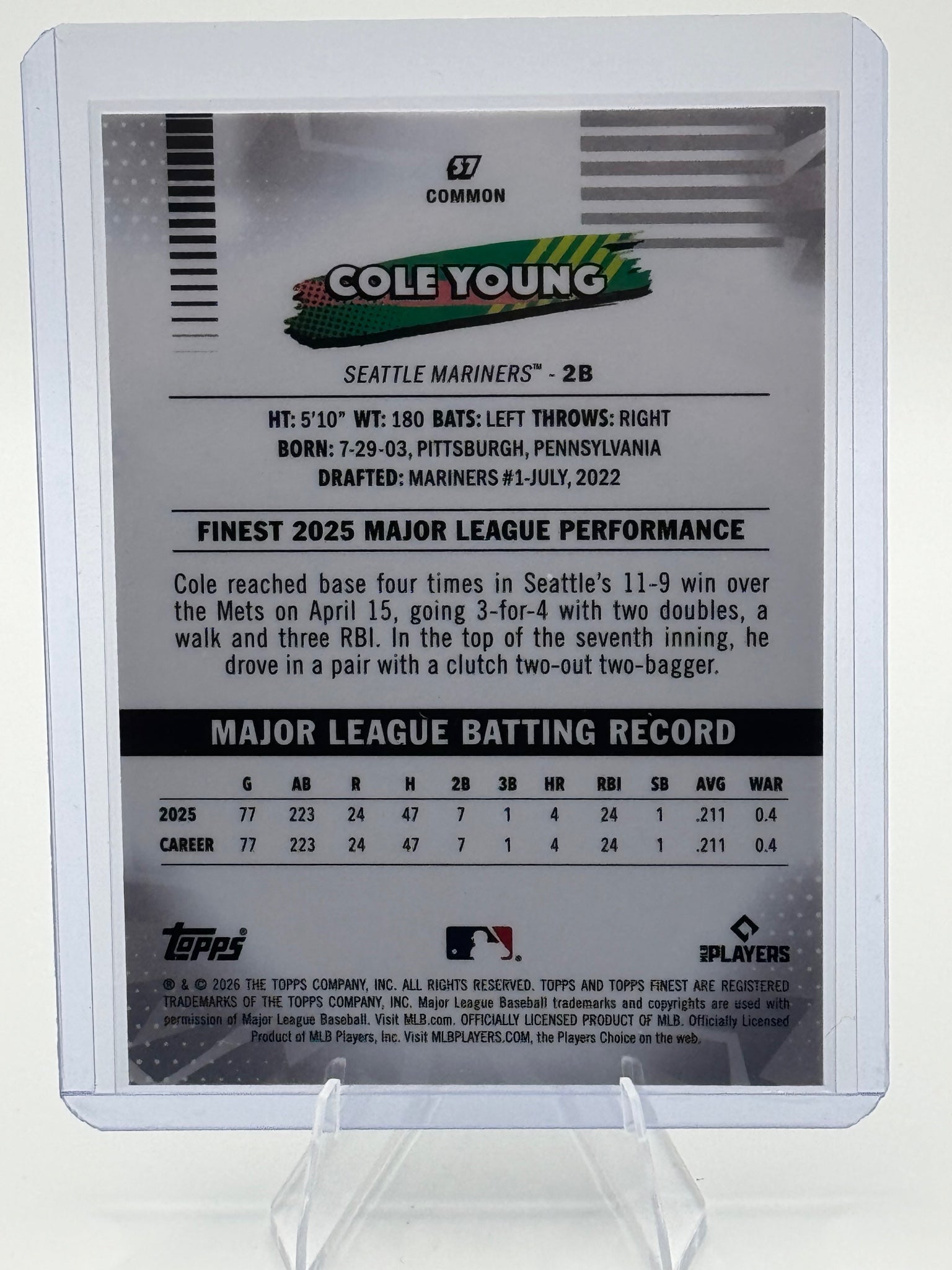 2026 Topps Finest Cole Young #57 Common Seattle Mariners Near Mint