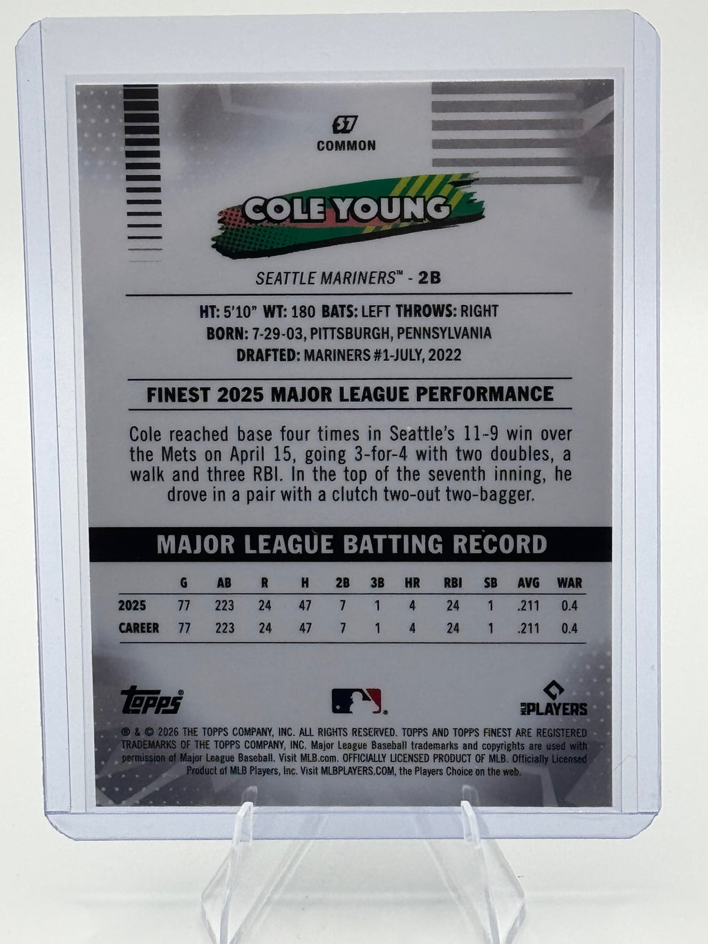 2026 Topps Finest Cole Young #57 Common Seattle Mariners Near Mint