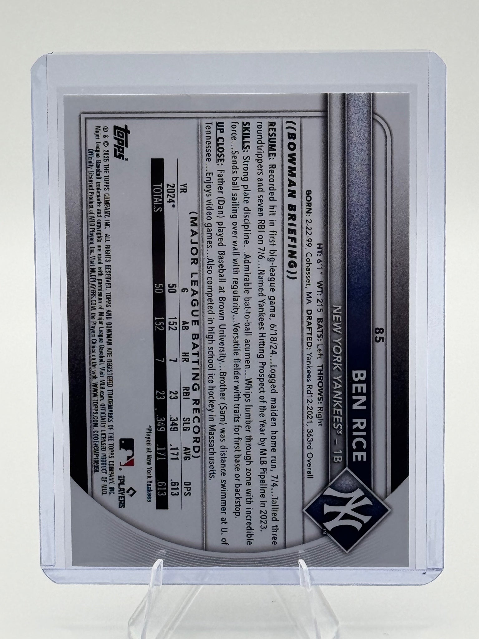 2025 Bowman Ben Rice #85 New York Yankees Near Mint or Better