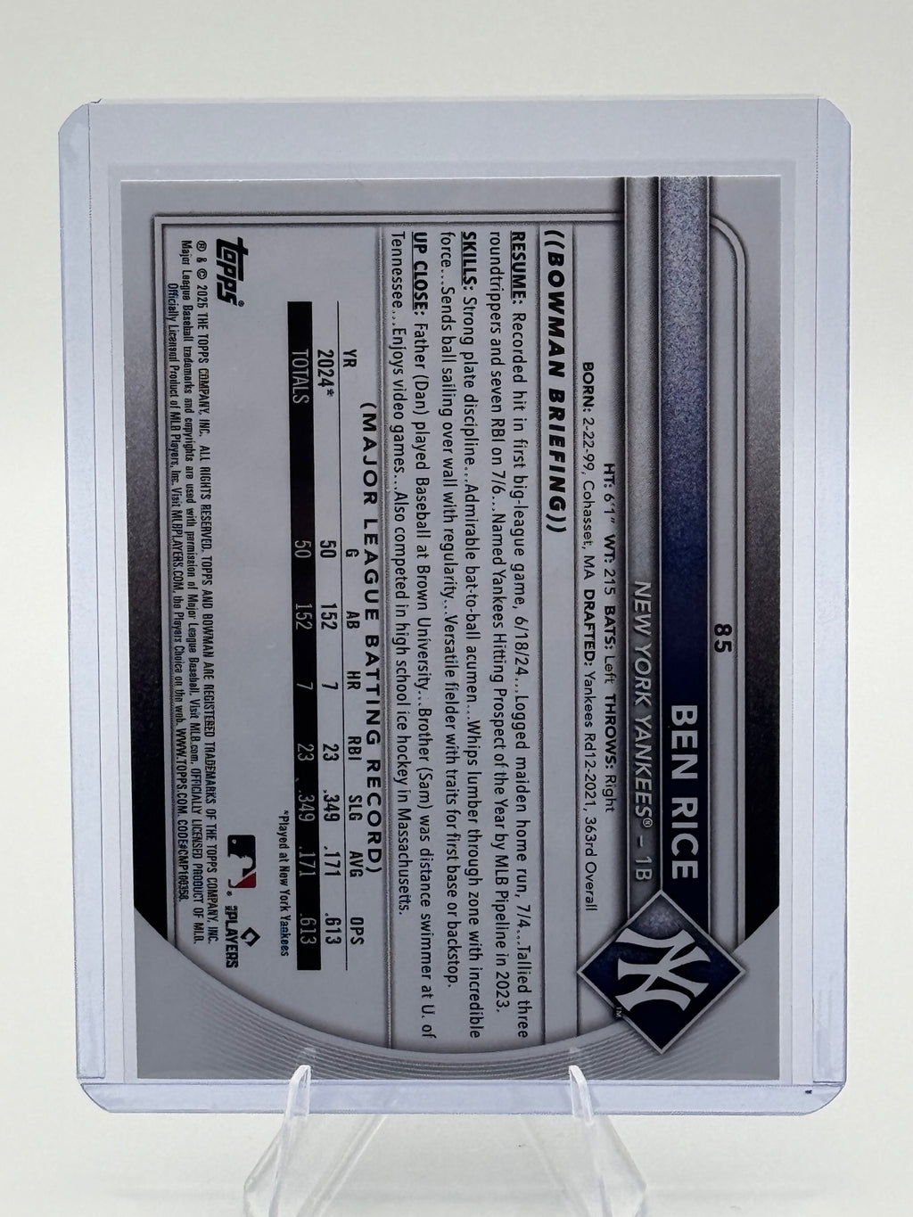 2025 Bowman Ben Rice #85 New York Yankees Near Mint or Better