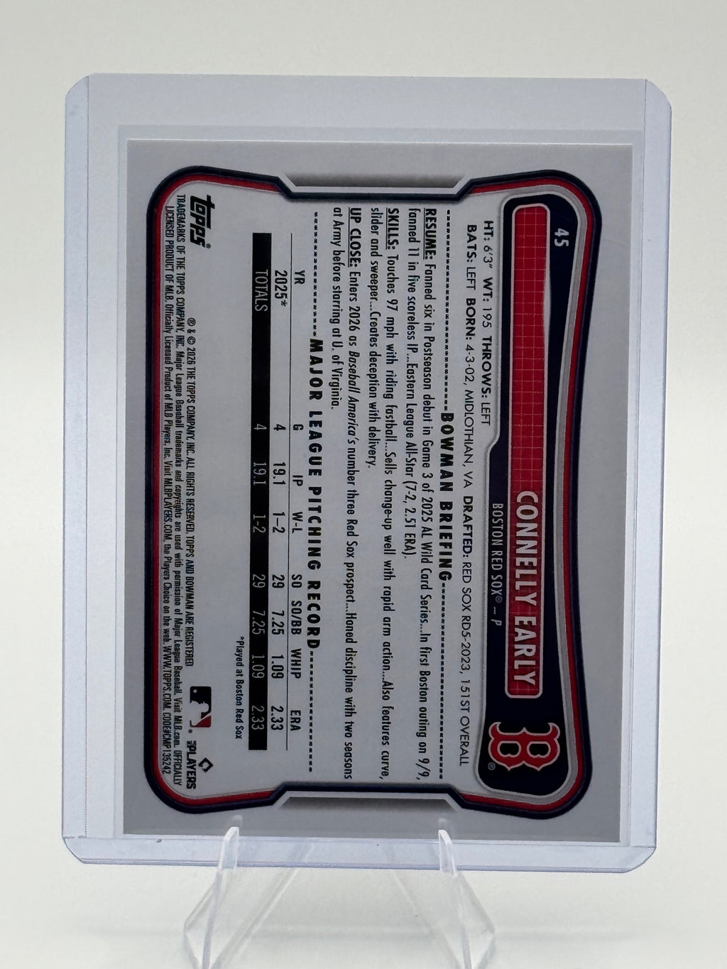 2026 Bowman Connelly Early #45 Rookie Red RC Logo Boston Red Sox Near Mint