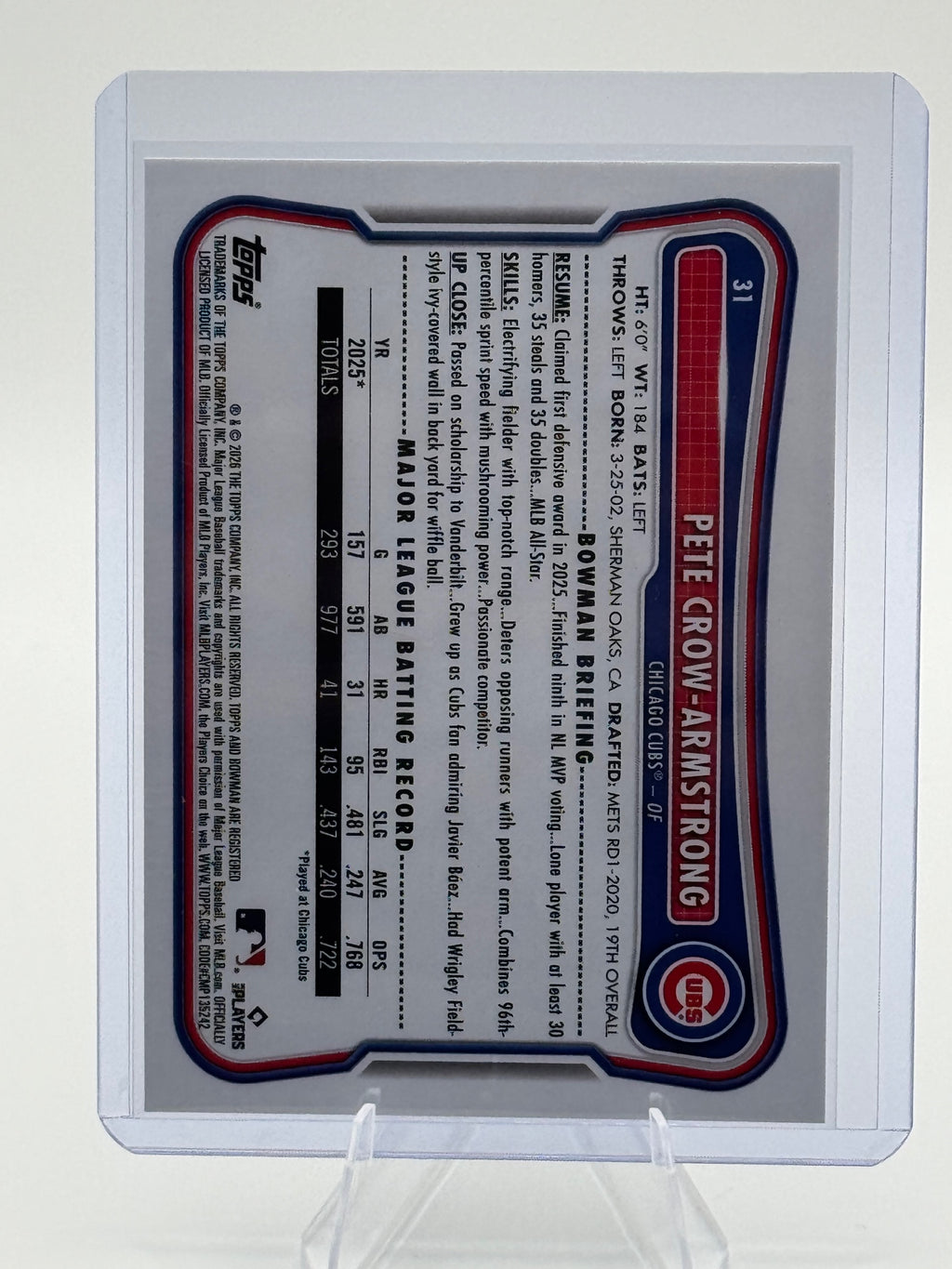 2026 Bowman Pete Crow-Armstrong #31 Chicago Cubs Near Mint or Better