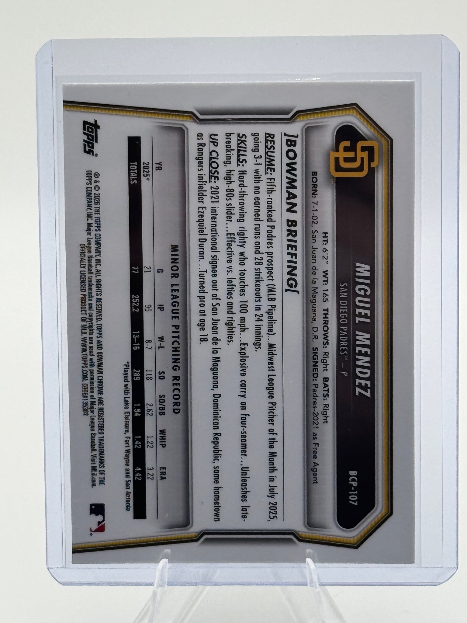 2026 Bowman Miguel Mendez #BCP-107 Reptilian Refractor Padres NM