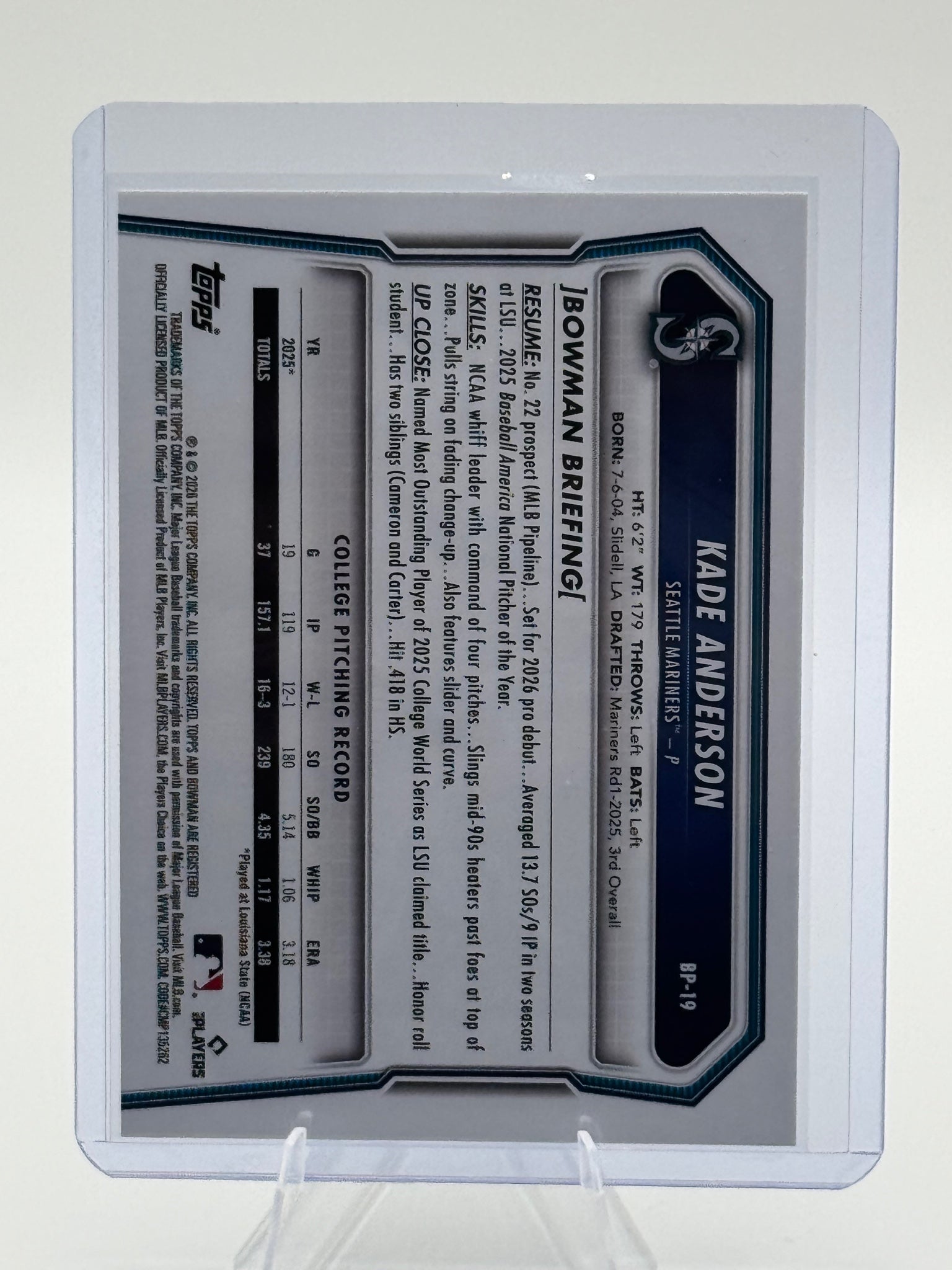2026 Bowman Kade Anderson #BP-19 Prospects Seattle Mariners Near Mint or Better