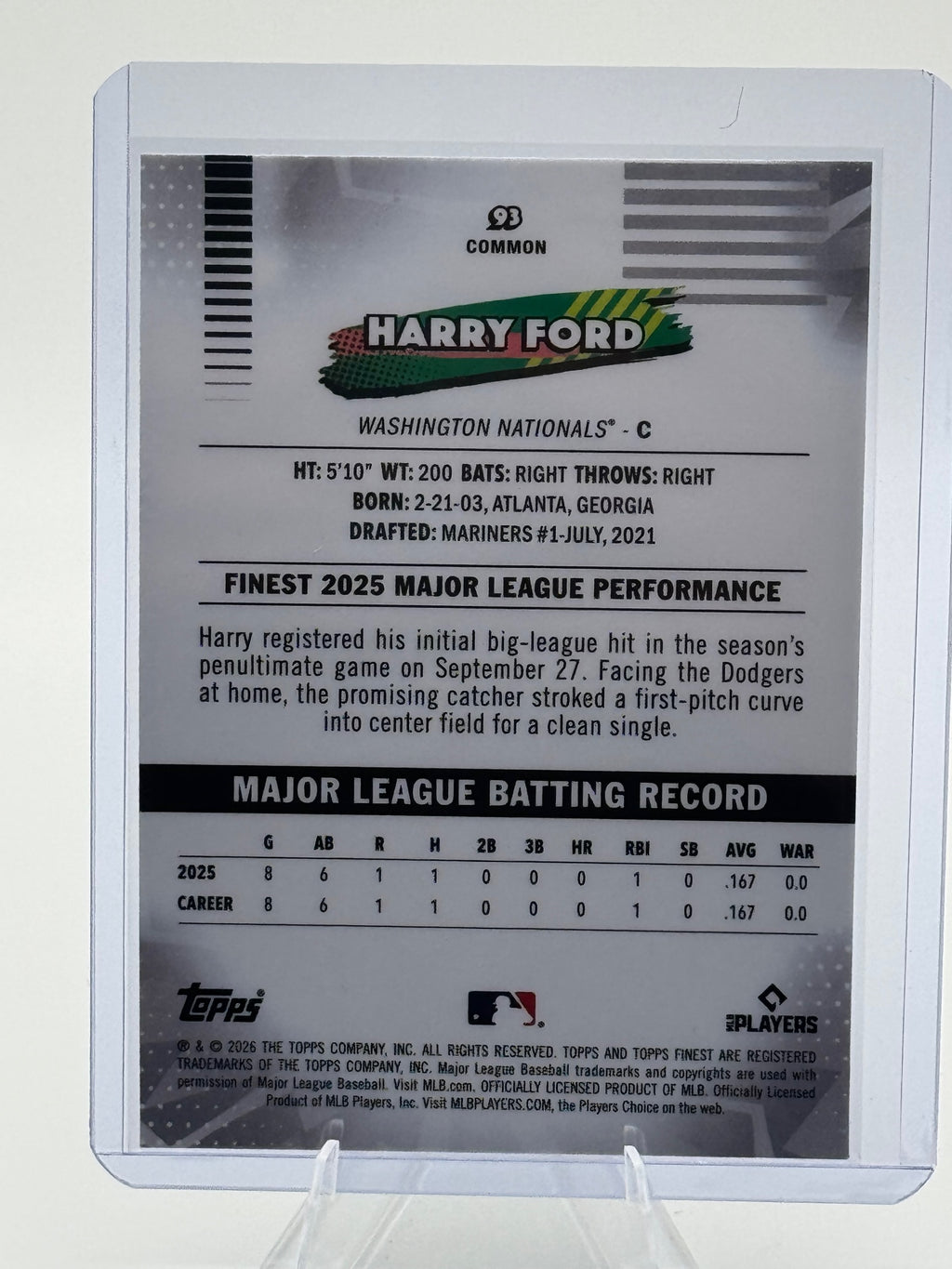 2026 Topps Finest Harry Ford #93 Common Washington Nationals Near Mint or Better