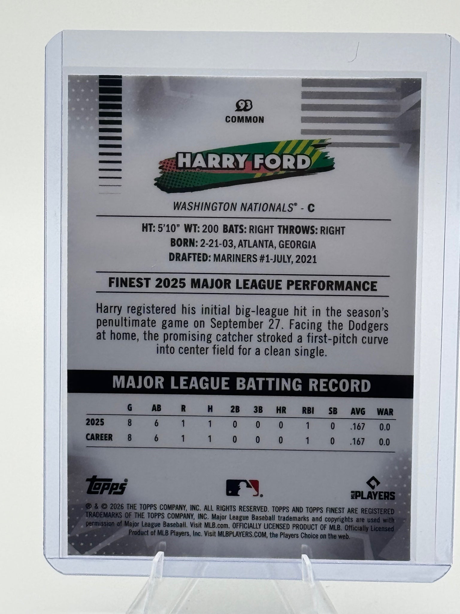 2026 Topps Finest Harry Ford #93 Common Washington Nationals Near Mint or Better