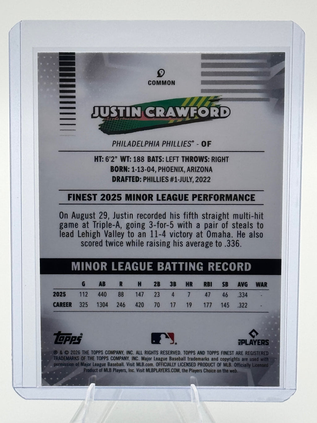 2026 Finest Justin Crawford #9 Common Philadelphia Phillies Near Mint or Better