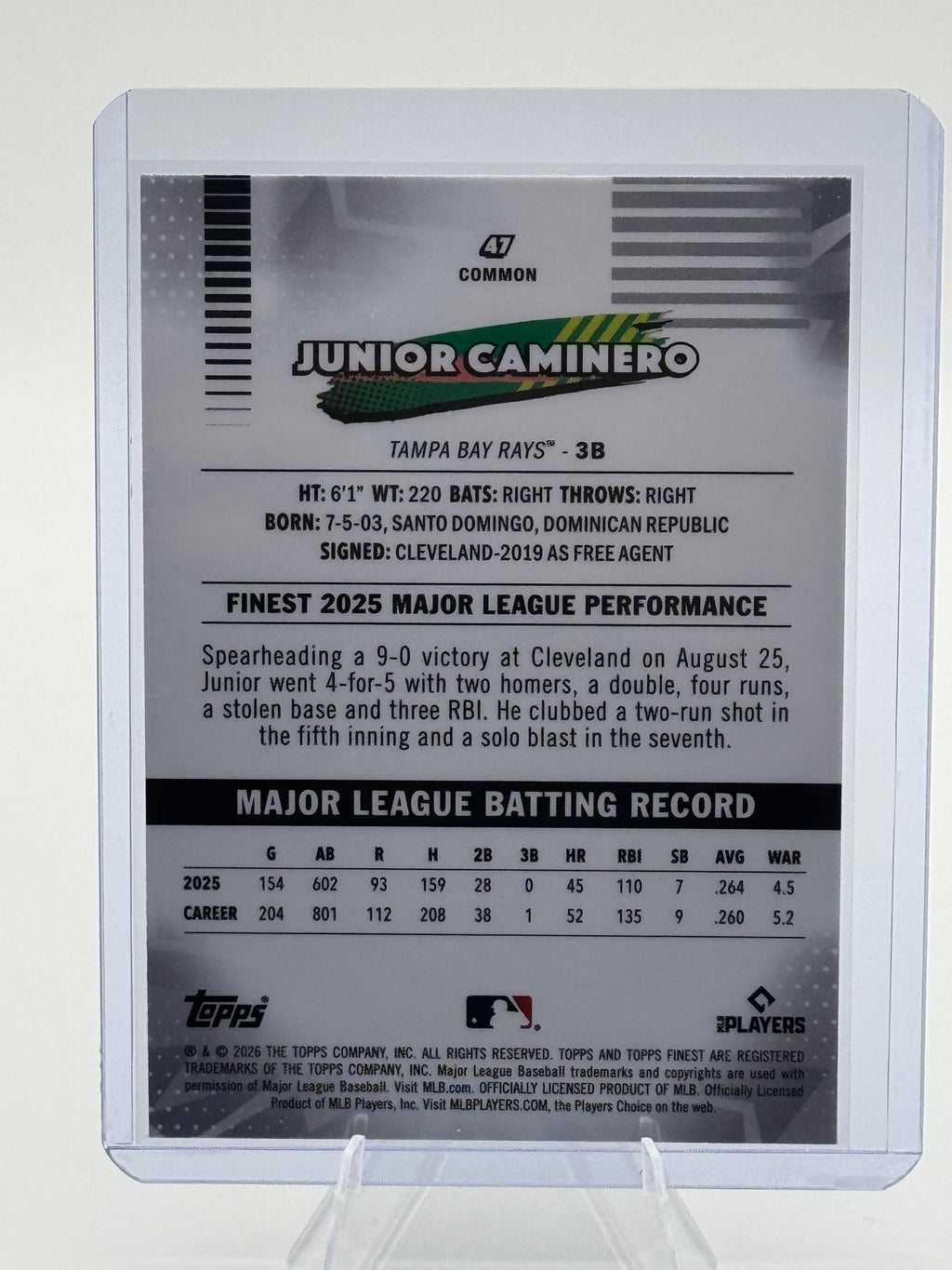 2026 Topps Finest Junior Caminero #47 Common Tampa Bay Rays Near Mint or Better