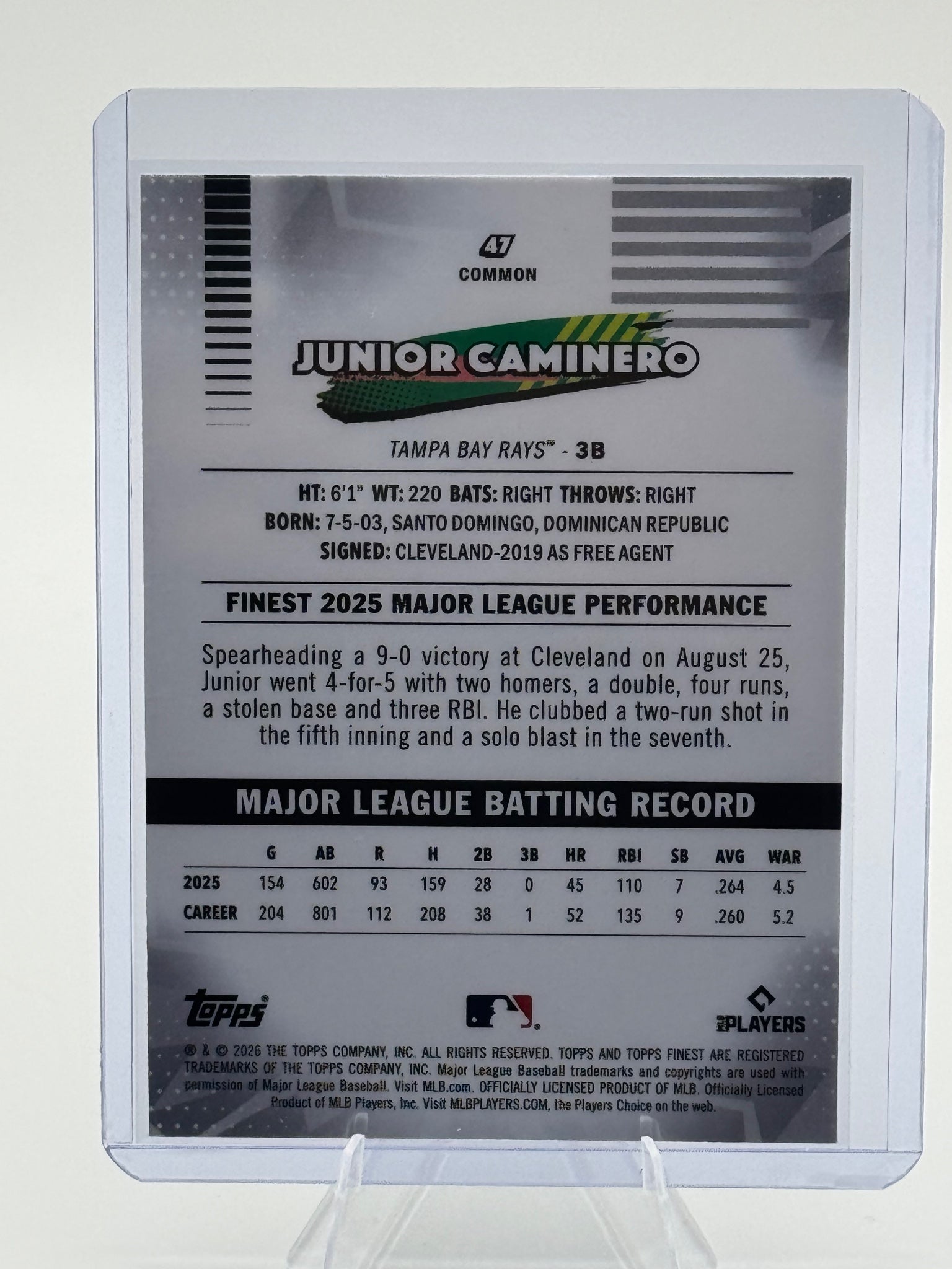 2026 Topps Finest Junior Caminero #47 Common Tampa Bay Rays Near Mint or Better
