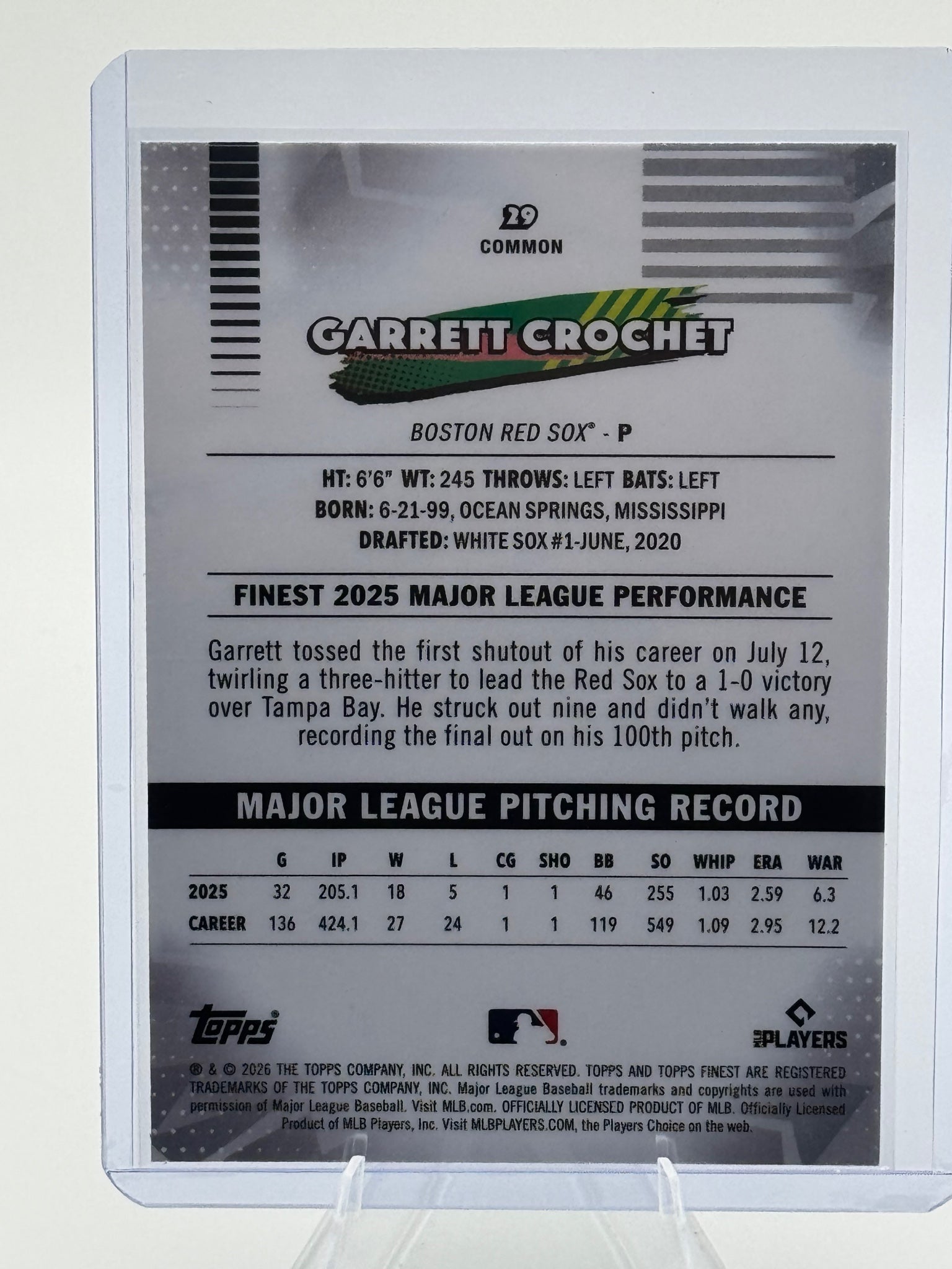 2026 Topps Finest Garrett Crochet #29 Common Boston Red Sox Near Mint or Better