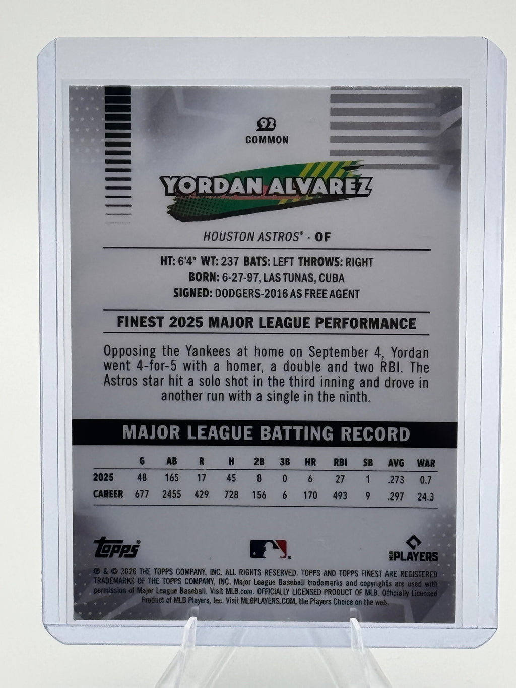 2026 Topps Finest Yordan Alvarez #92 Common Houston Astros Near Mint or Better
