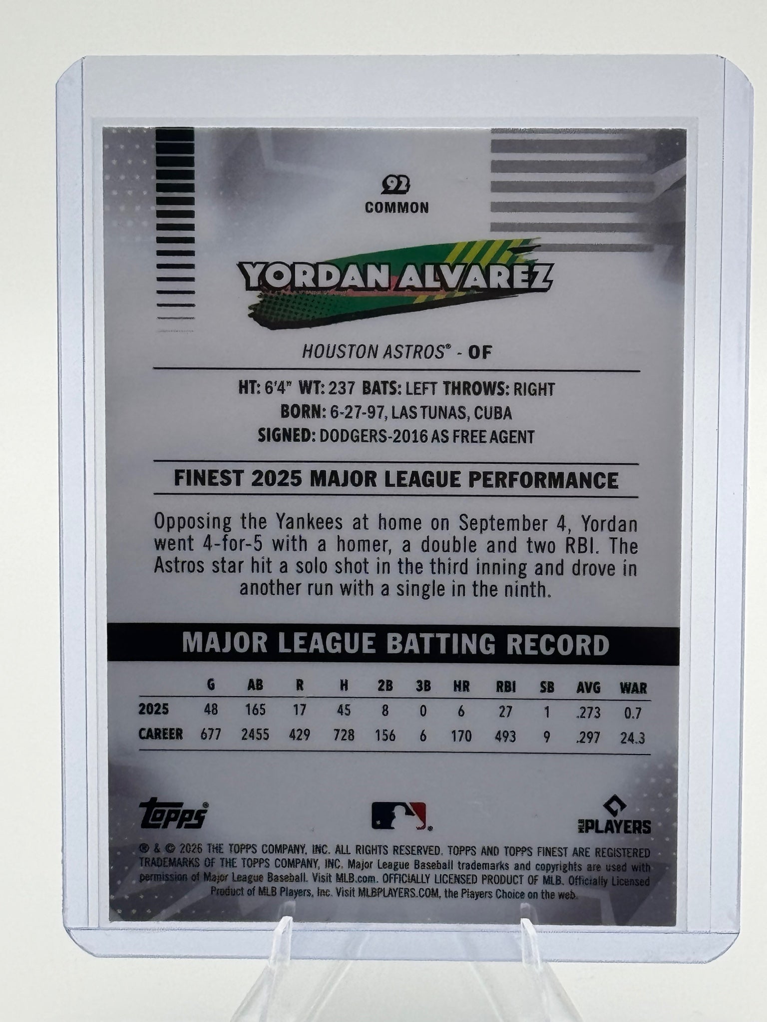 2026 Topps Finest Yordan Alvarez #92 Common Houston Astros Near Mint or Better