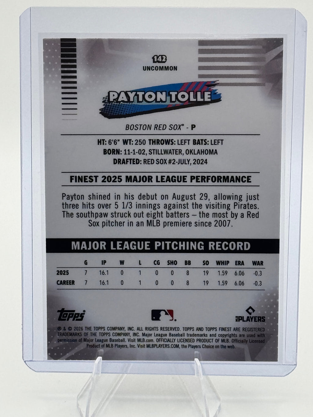 2026 Topps Finest Payton Tolle #142 Uncommon Boston Red Sox Near Mint or Better