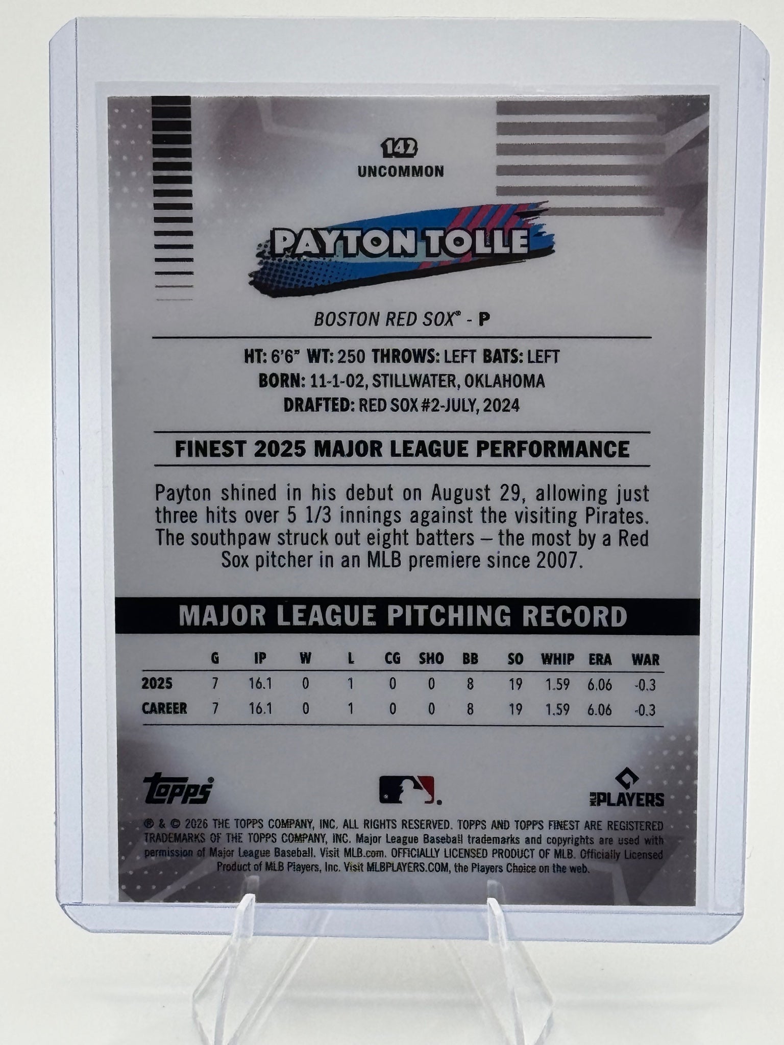 2026 Topps Finest Payton Tolle #142 Uncommon Boston Red Sox Near Mint or Better