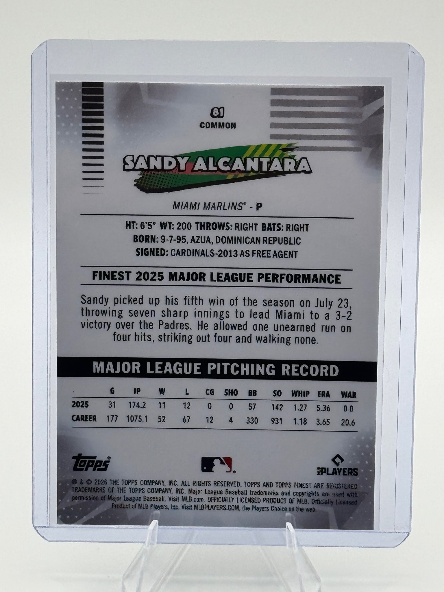 2026 Topps Finest Sandy Alcantara #81 Mini Diamond Miami Marlins Near Mint