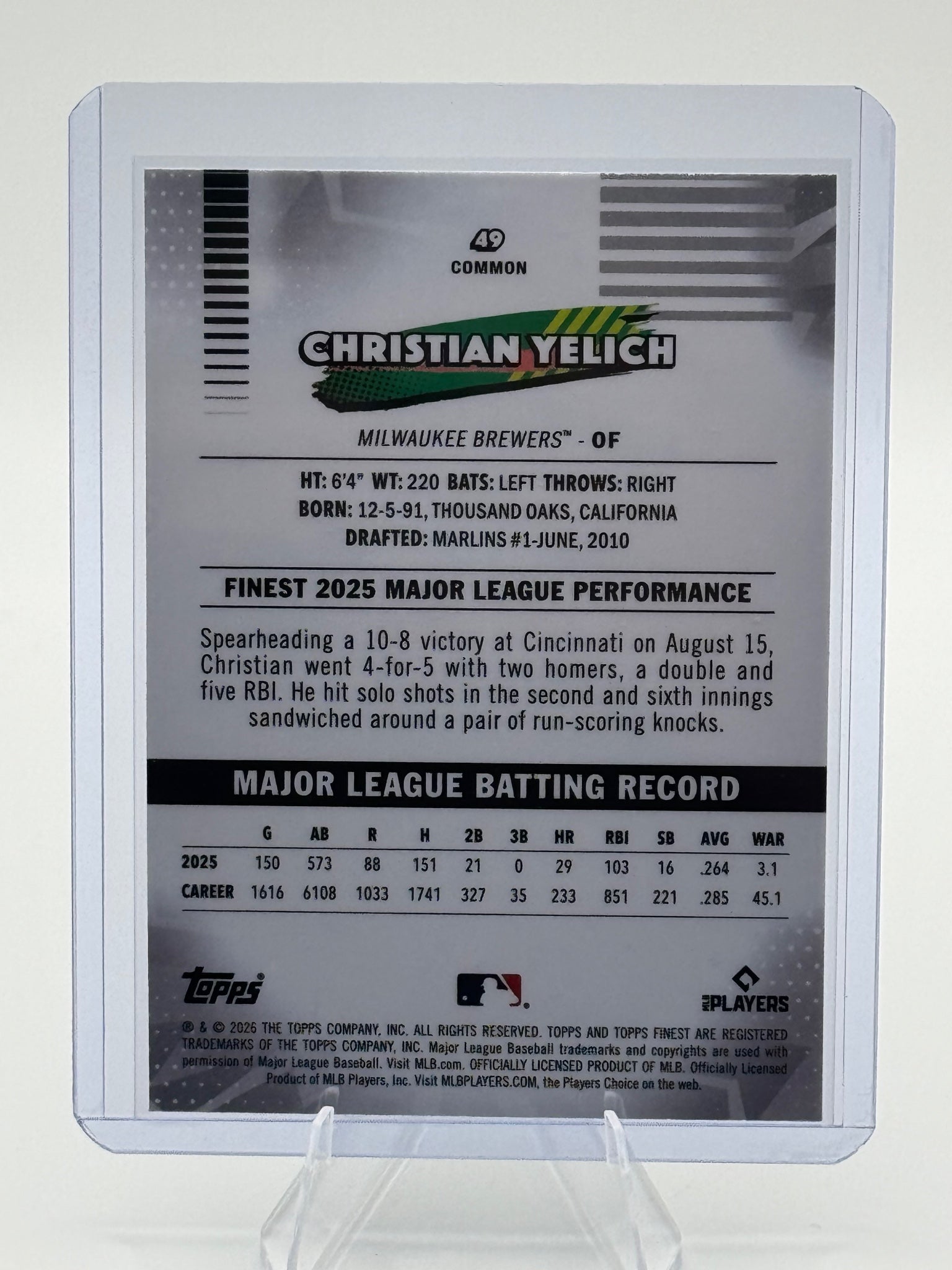 2026 Topps Finest Christian Yelich #49 Common Milwaukee Brewers Near Mint