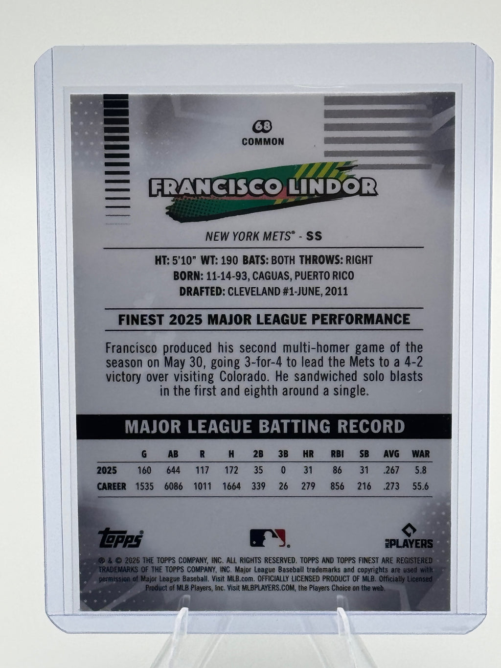 2026 Topps Finest Francisco Lindor #68 Common New York Mets Near Mint or Better