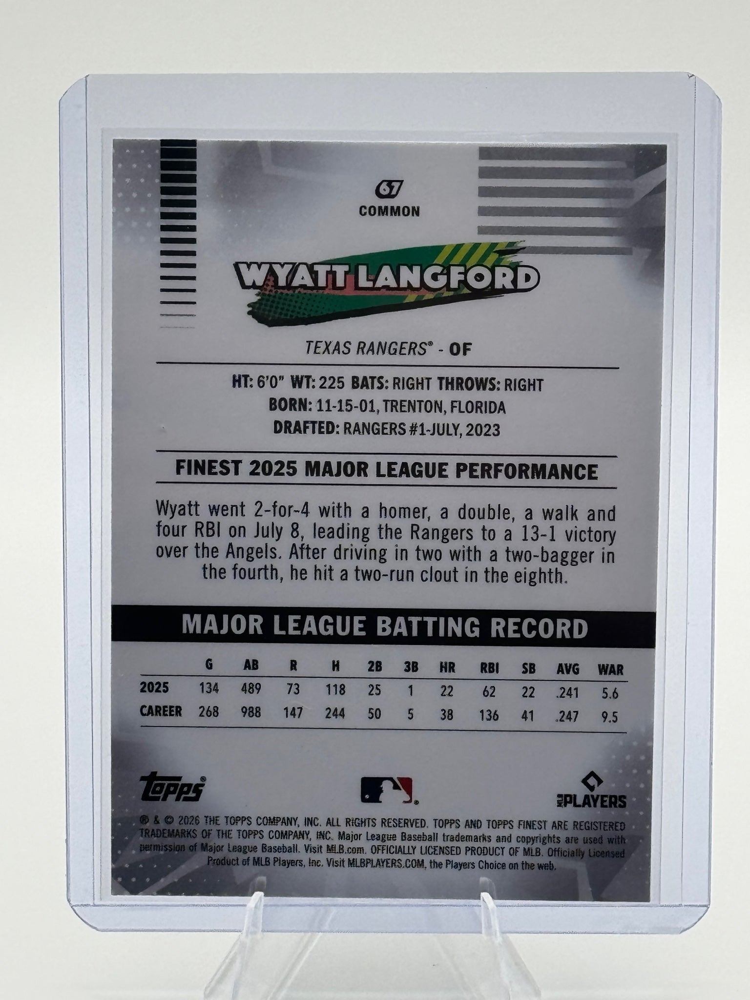2026 Topps Finest Wyatt Langford #67 Common Texas Rangers Near Mint or Better