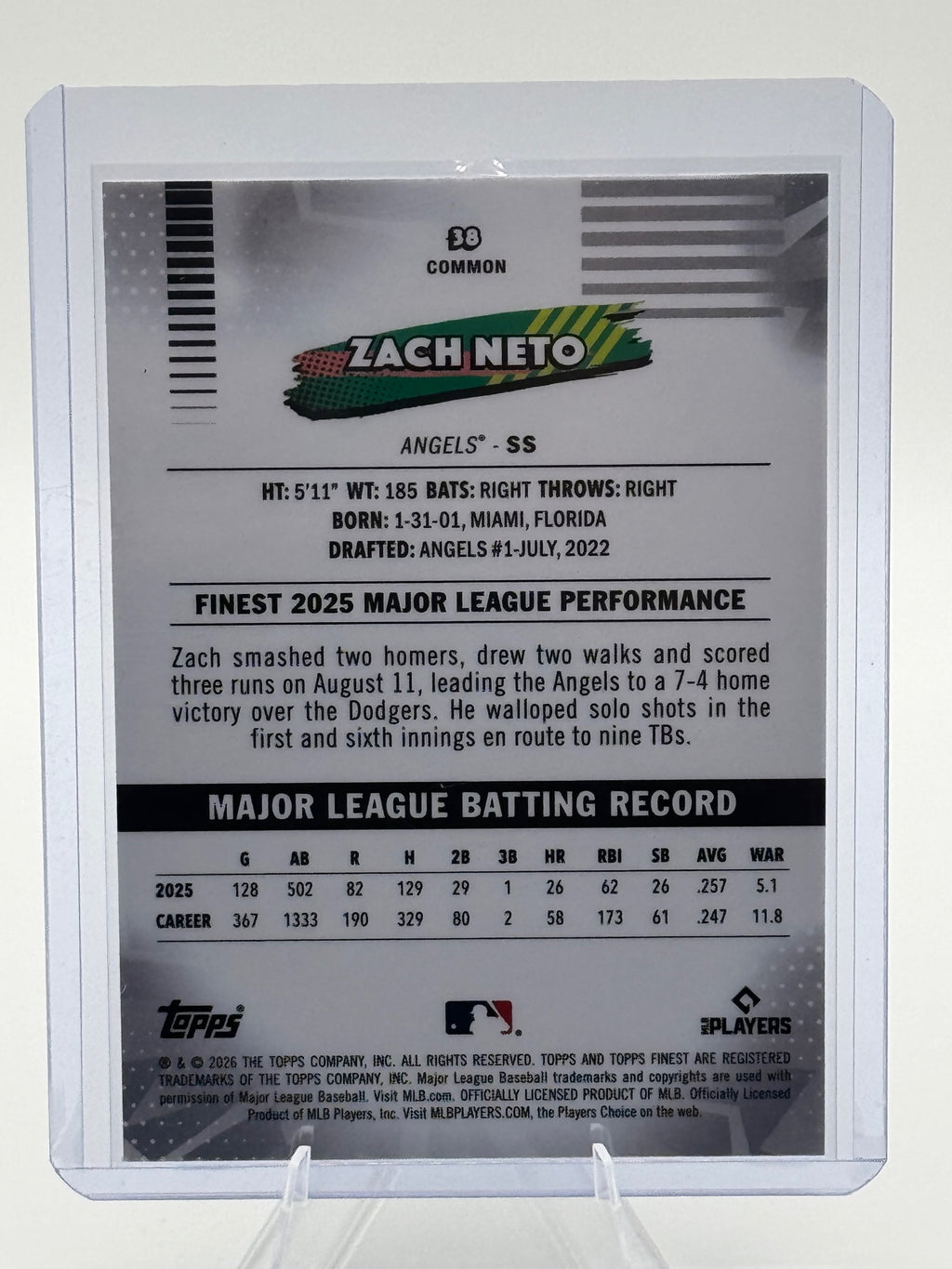 2026 Topps Finest Zach Neto #38 Common Los Angeles Angels Near Mint or Better
