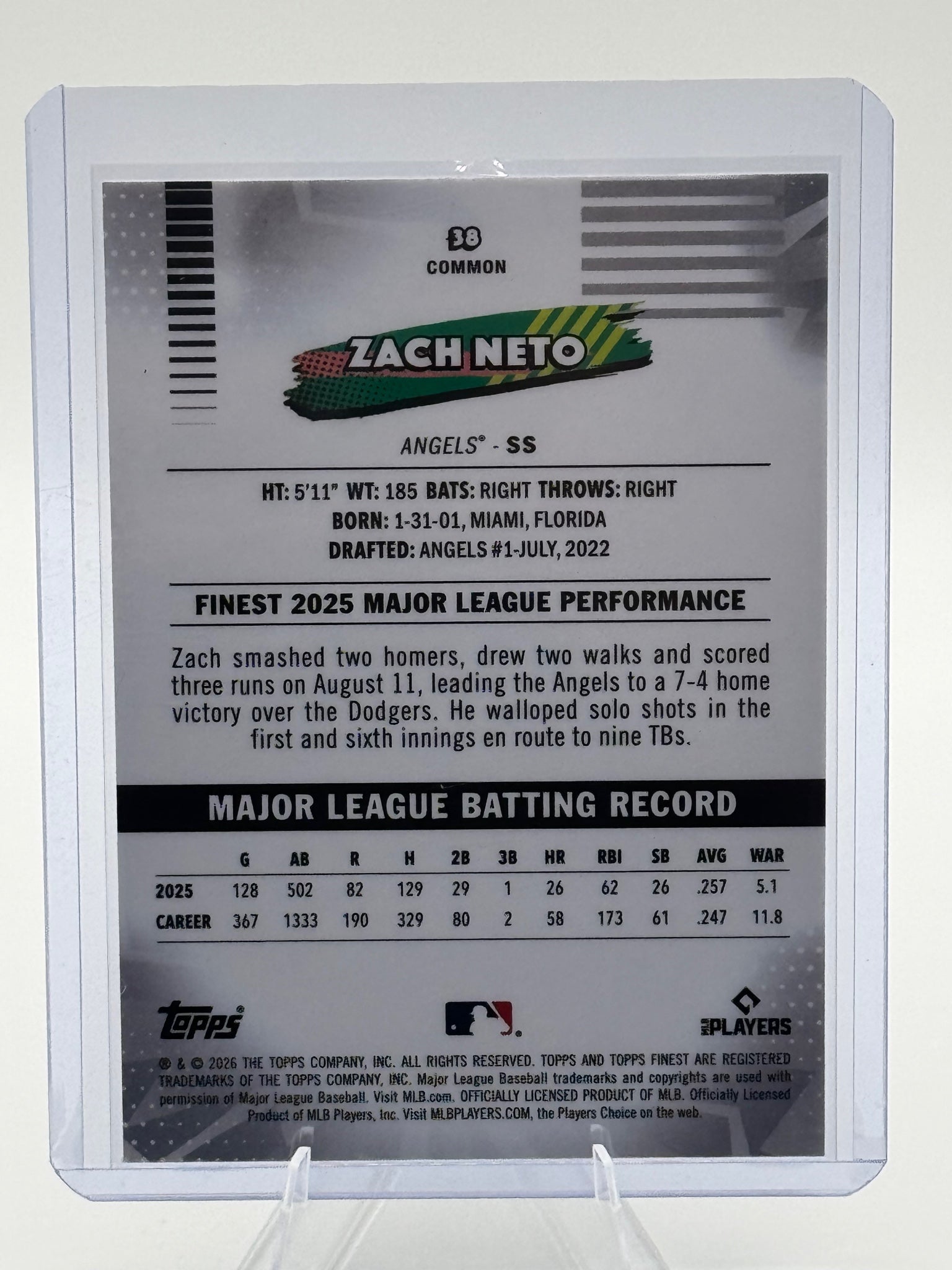 2026 Topps Finest Zach Neto #38 Common Los Angeles Angels Near Mint or Better