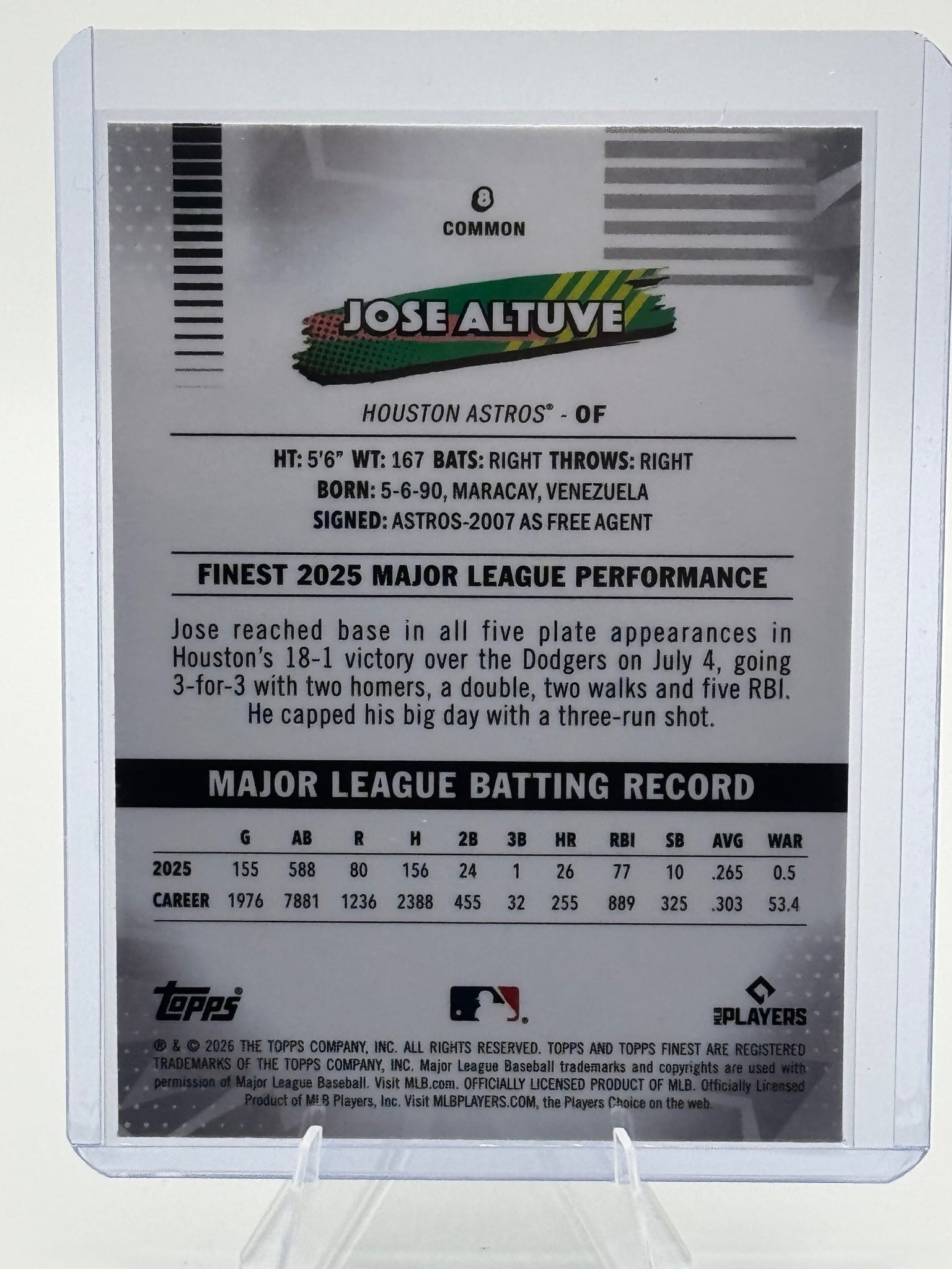 2026 Topps Finest Jose Altuve #8 Common Houston Astros Near Mint or Better